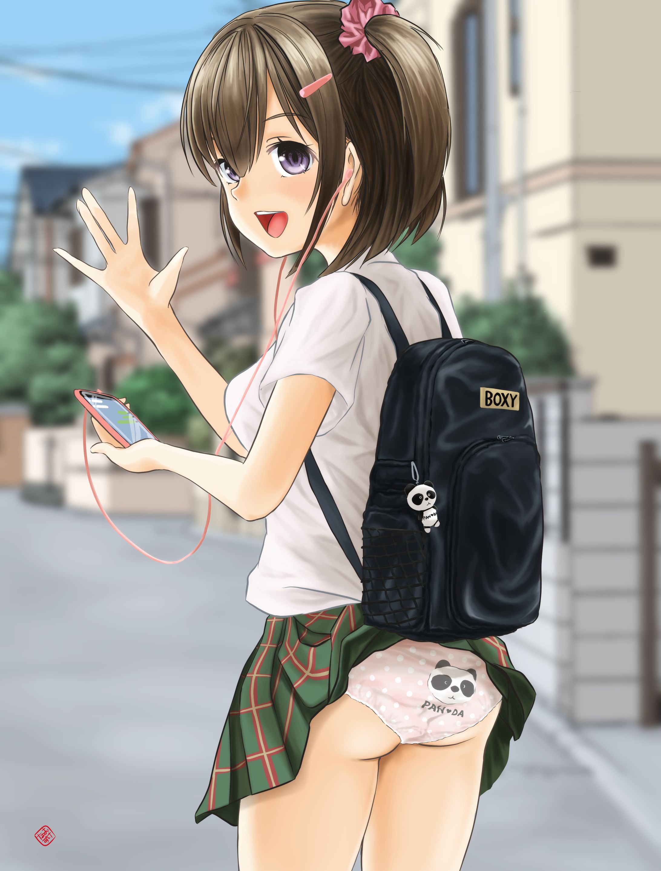 スカートが捲れ上がってパンツ全開に気づかないJK-1