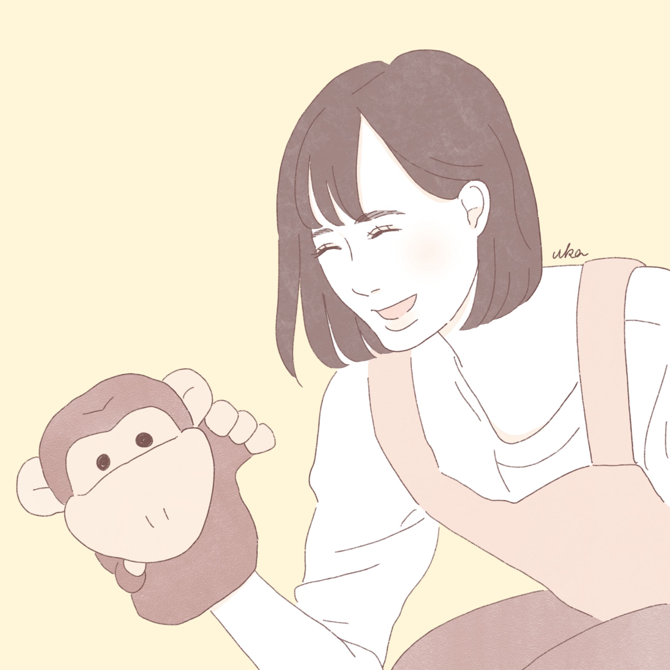 パペットを持った笑顔の女性-1