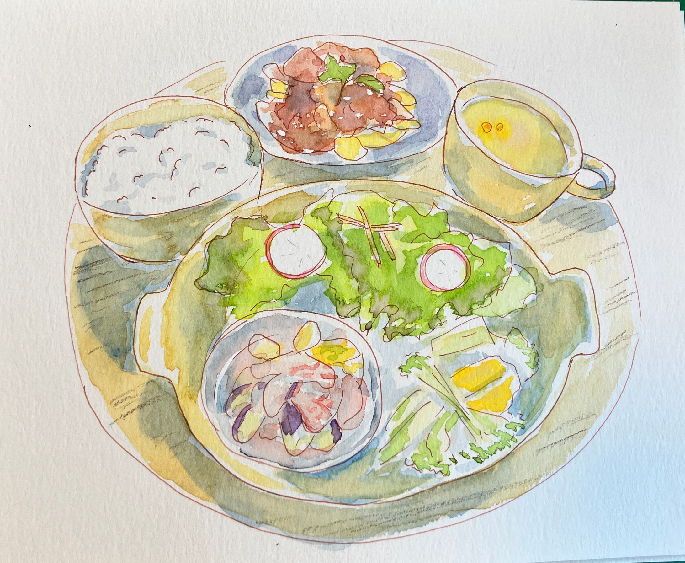 水彩　本日のランチ-1