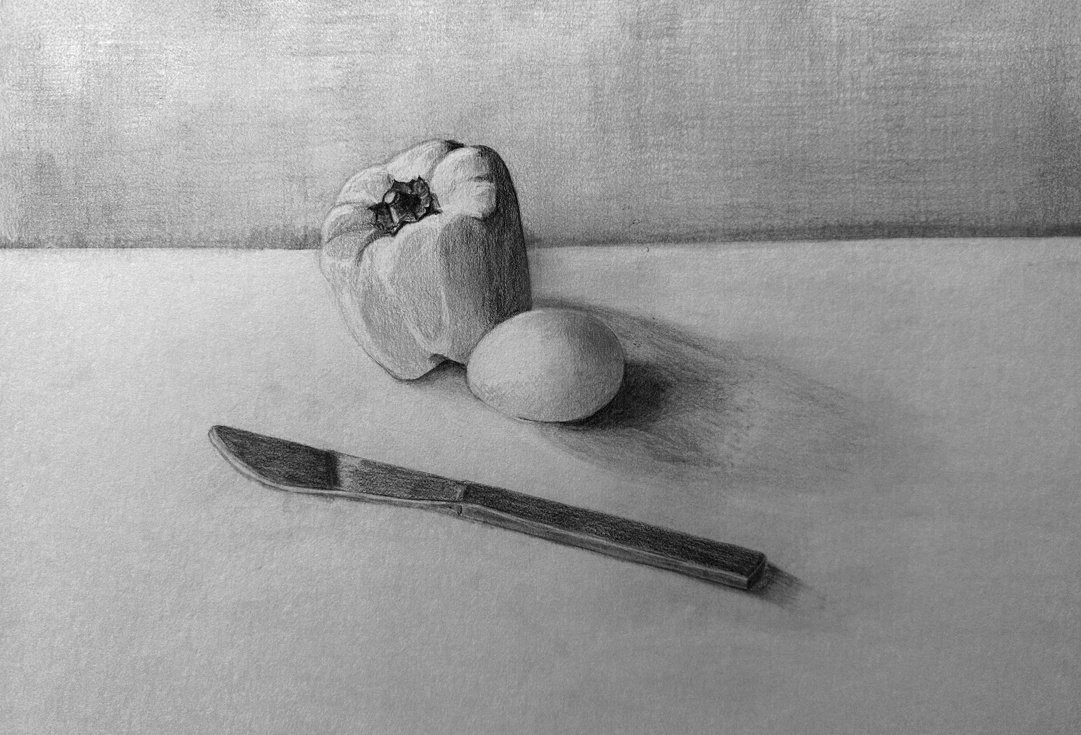 静物２：自然物と人工物を描く（パプリカと卵とステンレスナイフ）-1