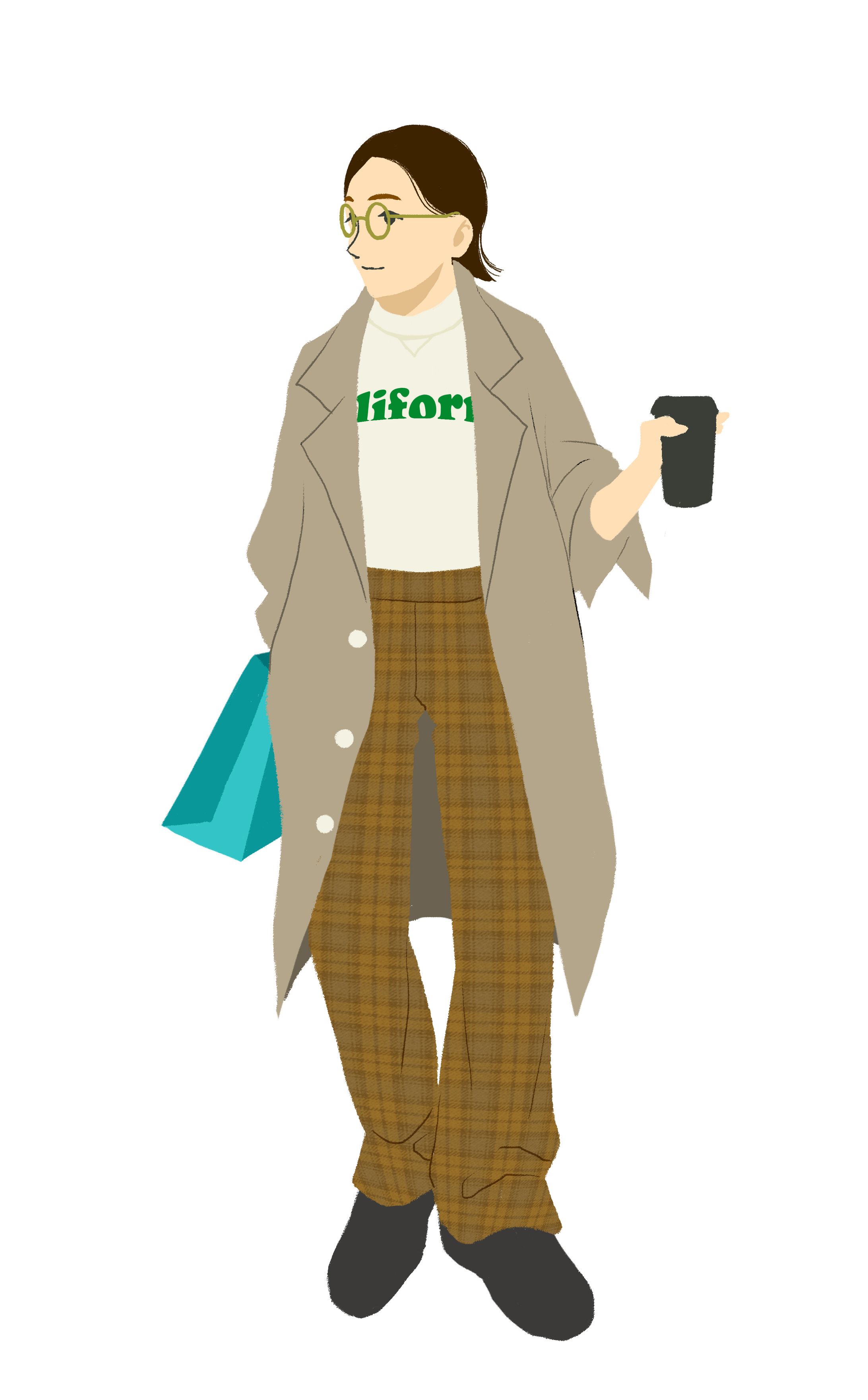 コーヒーを飲みながらショッピングをする女性-1