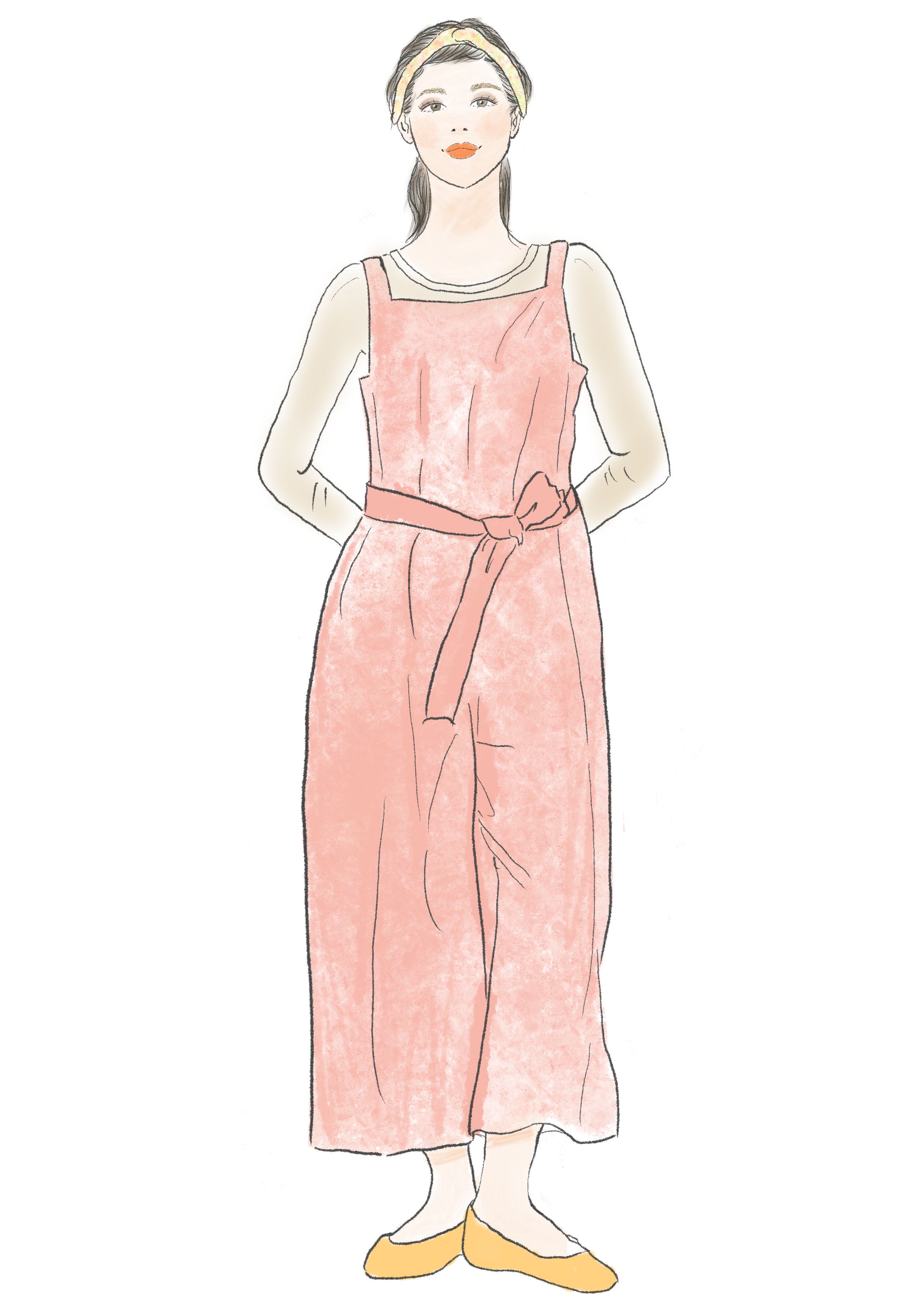 コーラルピンクのサロペットの女性-1