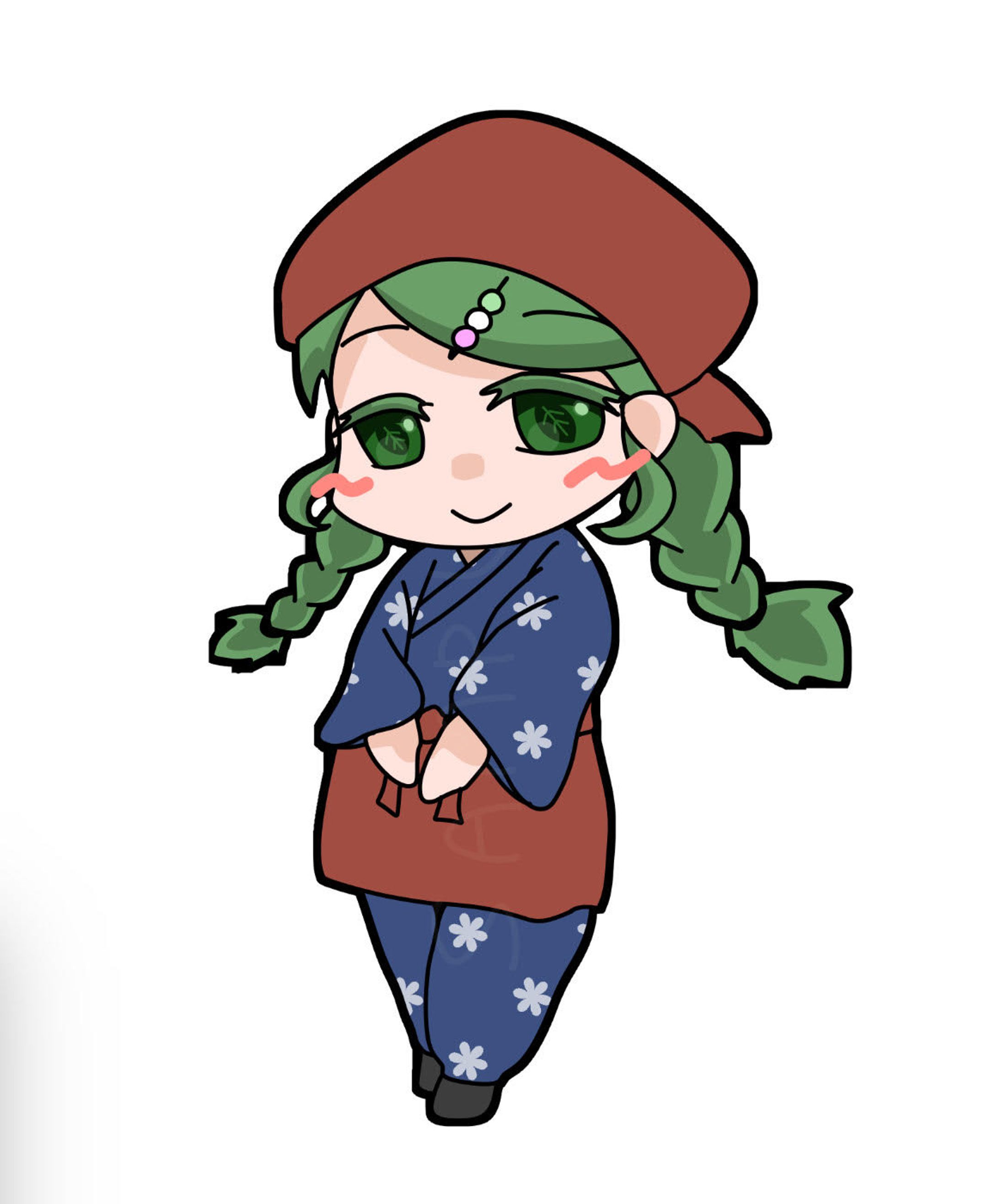 お茶屋さんにいる緑髪の三つ編み女の子のイラスト-1