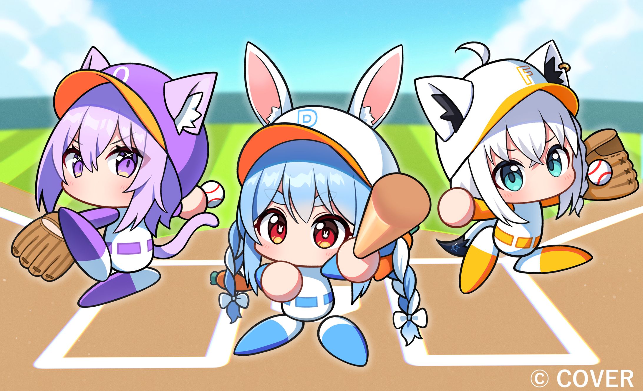 ホロライブ  パワプロ ケモミミリーグ 猫又おかゆさん、兎田ぺこらさん、白上フブキさんのイラスト-1