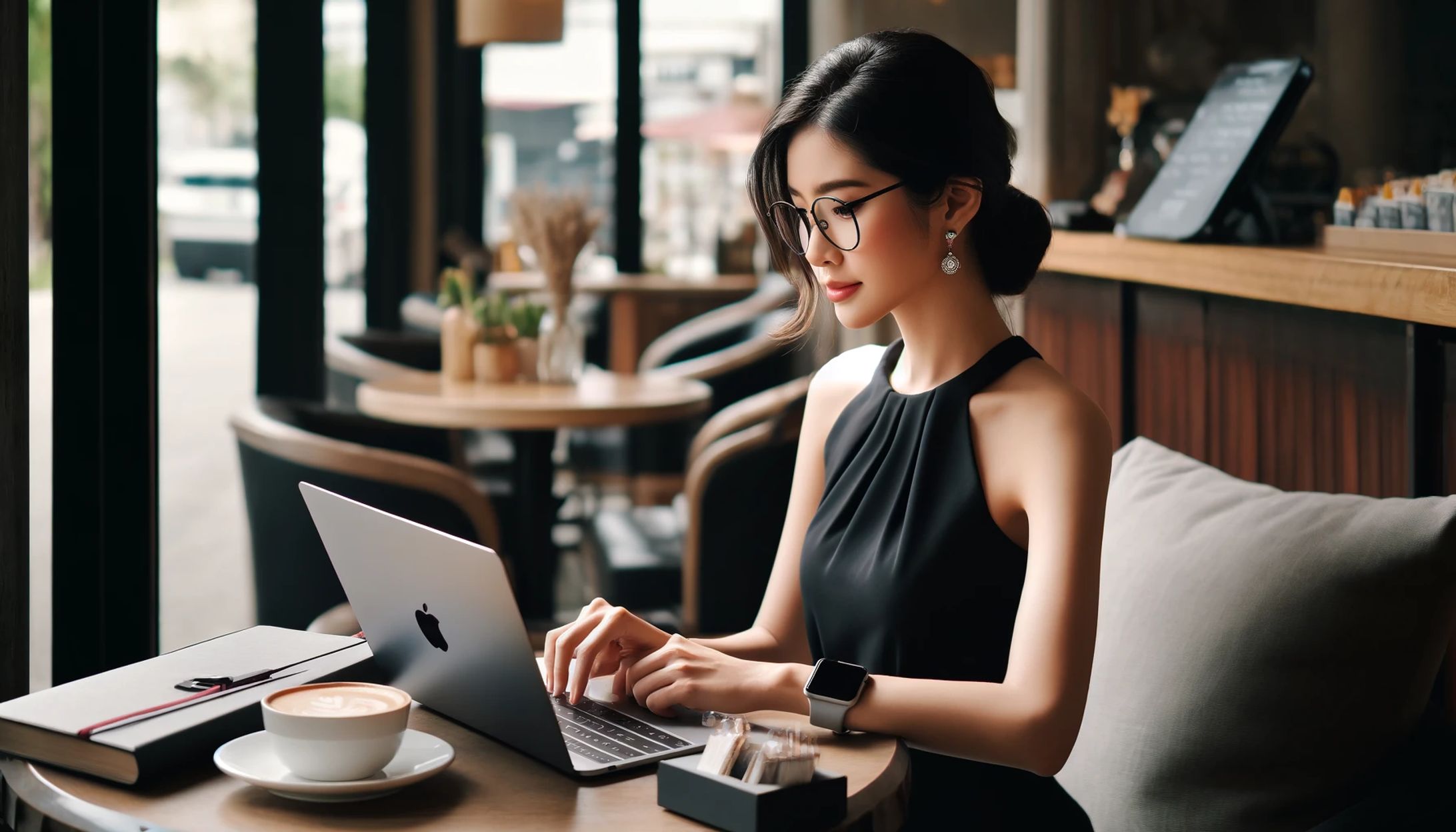 カフェで作業する美しい女性-1