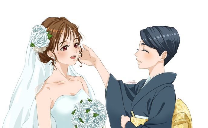ウェディングドレス姿の娘とその母親