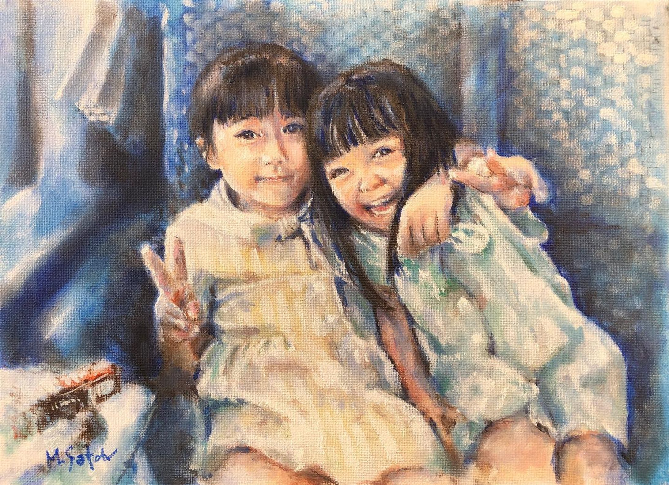 「想ひ出」
油彩　キャンバス　F4号
娘たちが幼い頃、旅行に行った時の、踊り子号の中でのスナップより

#油彩 #油絵 #絵画 #人物画 #想ひ出 #幼き日のおもひで #踊り子号 #oilpaint #oilpainting #painting #art #portraitpainting #figurepainting #memory #odorikogo-1