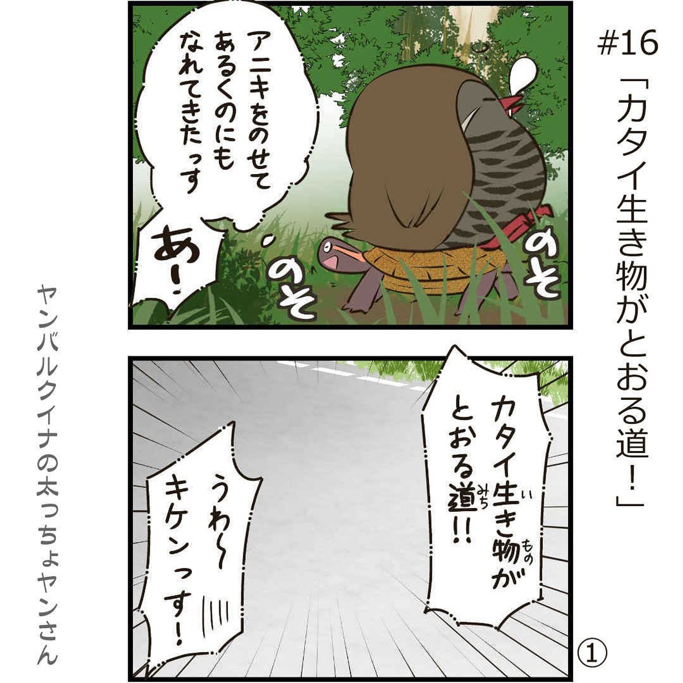#16「カタイ生き物がとおる道！」

------------------------------
ヤンバルクイナの太っちょヤンさん

#16「カタイ生き物がとおる道！」

奴ら！急にやってくるんだ！（ガーミー談）

------------------------------

沖縄に住む、太ったヤンバルクイナのヤンさんは、愉快な仲間たちと沖縄の自然豊かなヤンバルで暮らしてます。

おきオタ！サイトで更新中
※詳細はプロフィールのリンクから【おきオタ！】をチェック！

https://www.okiota.jp/

#4コマ漫画 #おきオタ #沖縄情報 #観光 #ヤンバルクイナ #やんばる #やんばるヤンさん #リュウキュウヤマガメ-1