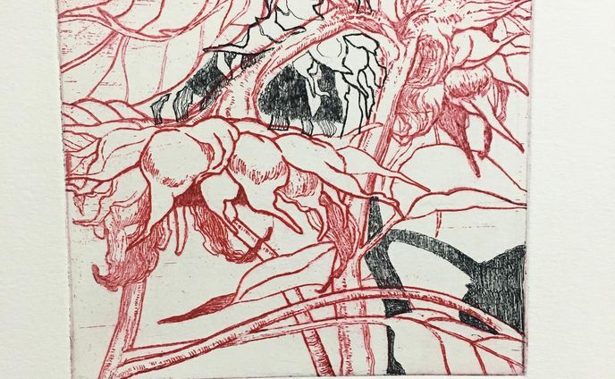 KAROUSHI
15㎝×15㎝
etching

メキシコの公募展#miniestampaeme2019 で
Mention Honorificaでした
奨励佳作だそう

メキシコのひとカロウシの意味分かってるんかな

#銅版画

この作品は、前に働いていた会社がブラック企業だったのでその時のことを絵にしています。日の出から日の入りまでジリジリと照りつける太陽から逃れられないひまわりを描きました。