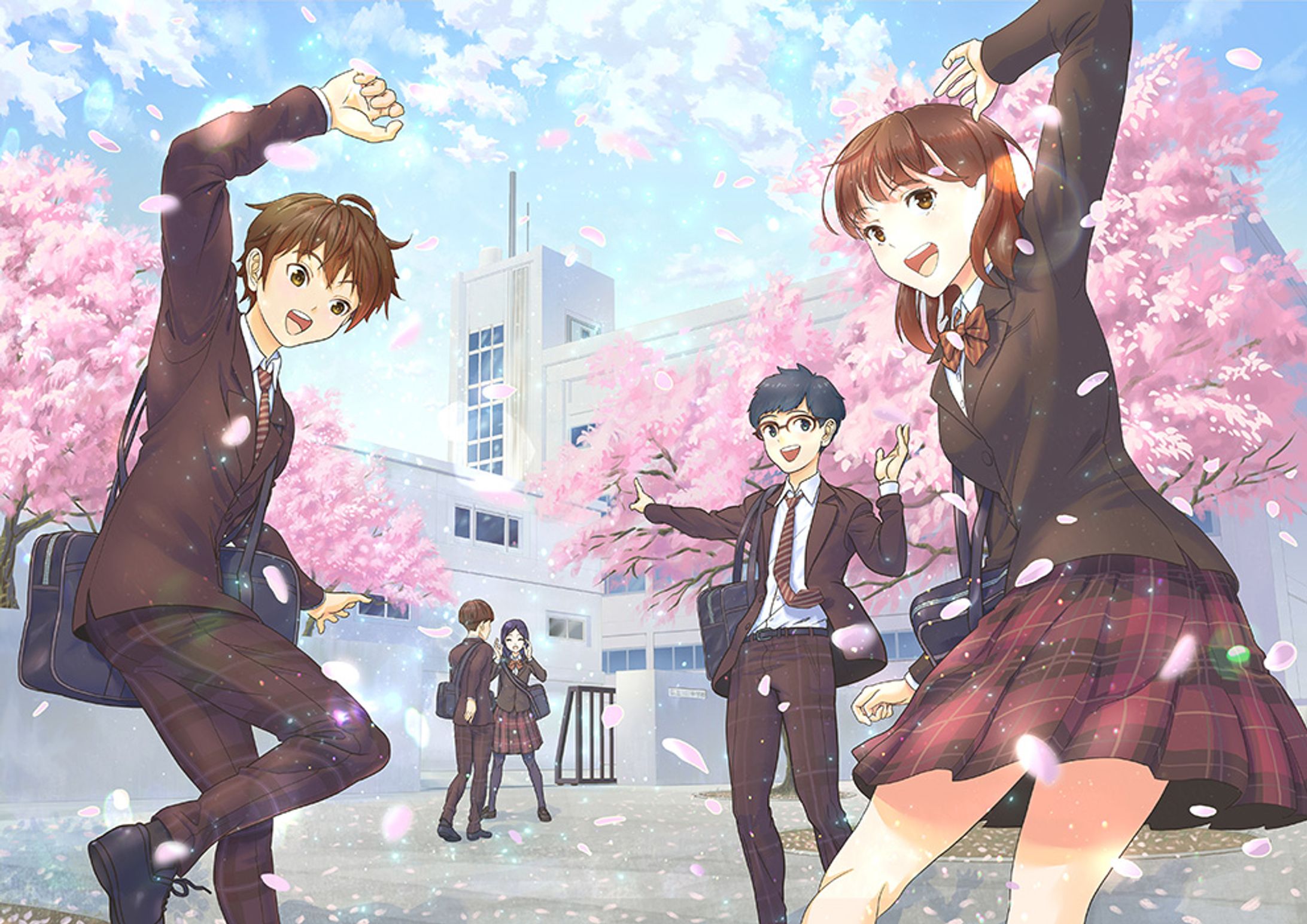 桜の咲く春、新学期に登校する学生達-1