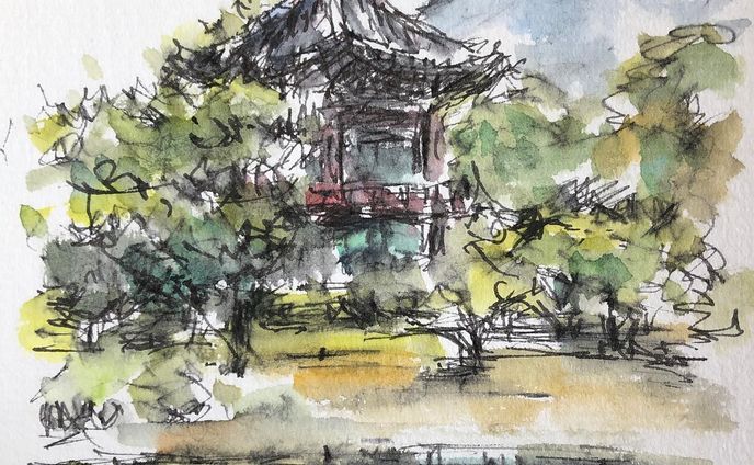 20年以上前に仕事で行った、韓国の写真が出てきたので描いてみた。
万年筆　顔彩　画仙紙ハガキ

#万年筆 #顔彩 #万年筆画  #ペン画 #風景画 #韓国 #景福宮 #香遠亭 #pendrawing #landscape #korea #inkpainting #경복궁