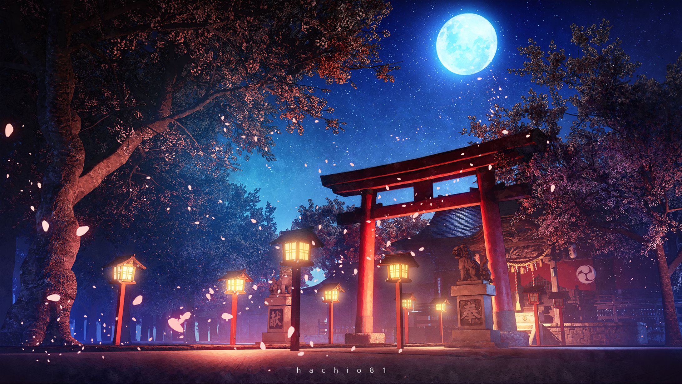 夜桜と神社-1