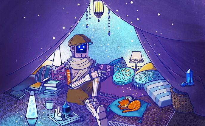 『Stray』のクレメンタインの部屋が好きなので描いてみた。模様描くの楽しか〜
そして、ちょうど今日は猫の日だね！

#illustration 
#illustrator 
#stray 
#game 
#clementine
#イラスト
#イラストグラム 
#ストレイ
#ゲーム
#猫の日
#cat
#クレメンタイン
#クレメンタインの部屋
#絵