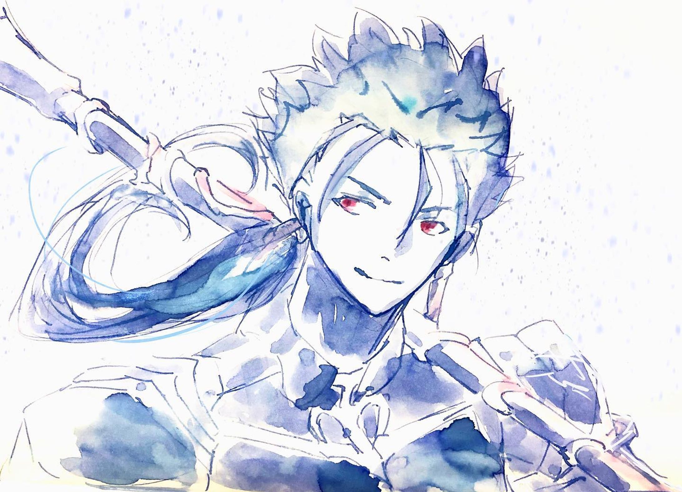 ランサー。

お題いただきありがとうございました。ランサーはインクで描いてみました。
ランサー、作品後半かっこよすぎました😳

インク　
カレドスコープ　アンティークブーケ

上げ直しました💦いいねくださった方すみません！ありがとうございます！

#fatestaynight 
#fatestaynightunlimitedbladeworks-1