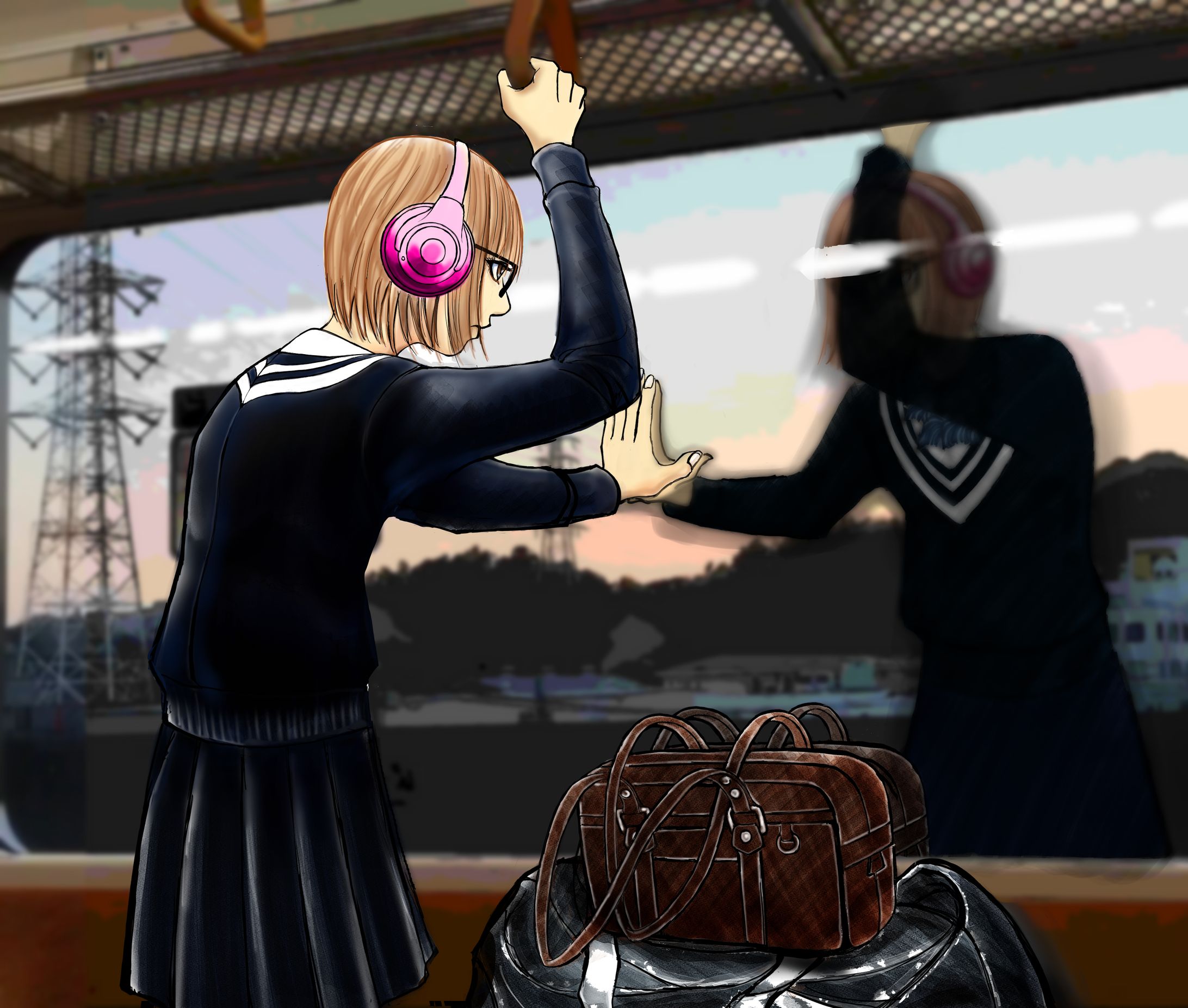 イラスト『電車女とスクバ』-1