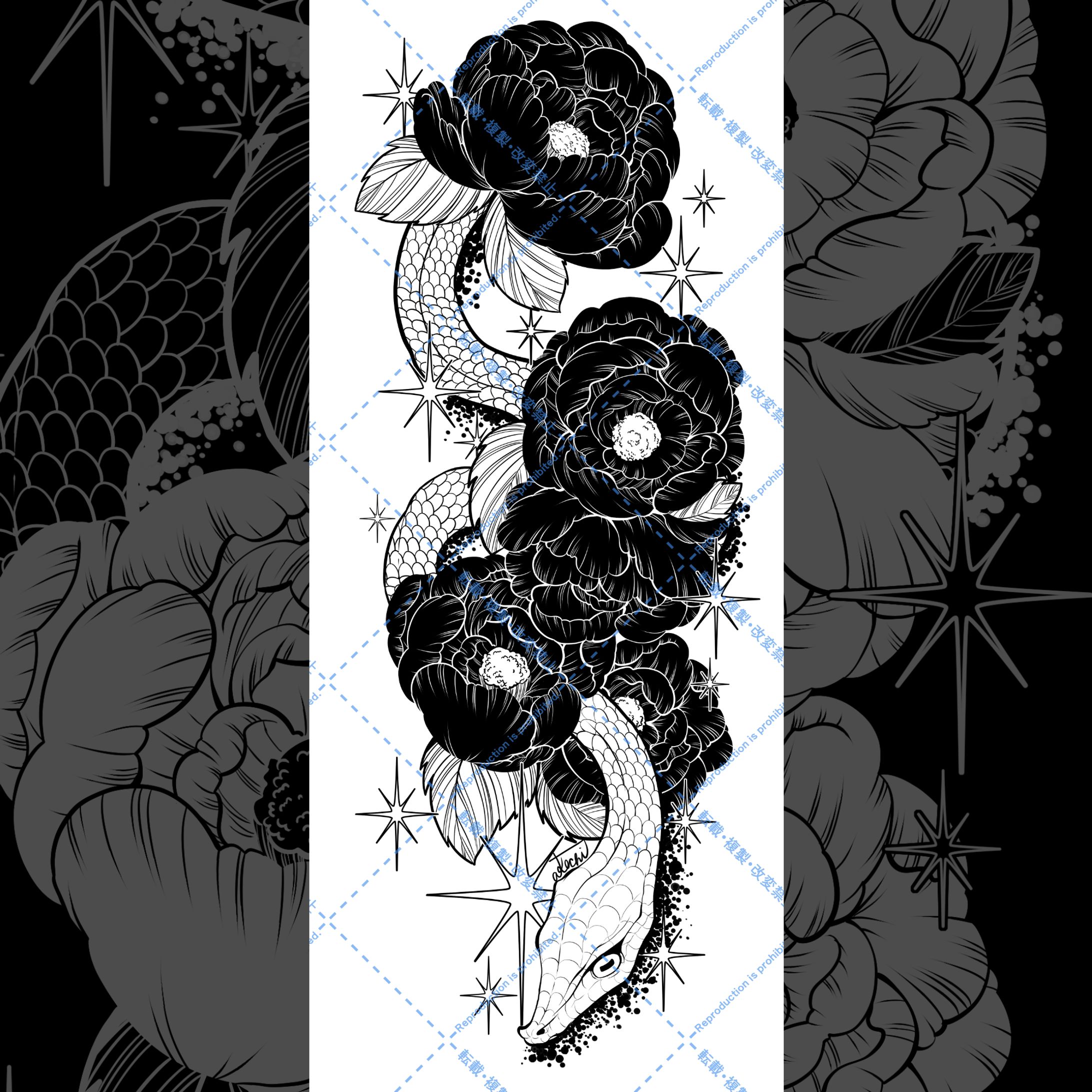 ハナナガムチヘビと牡丹-1