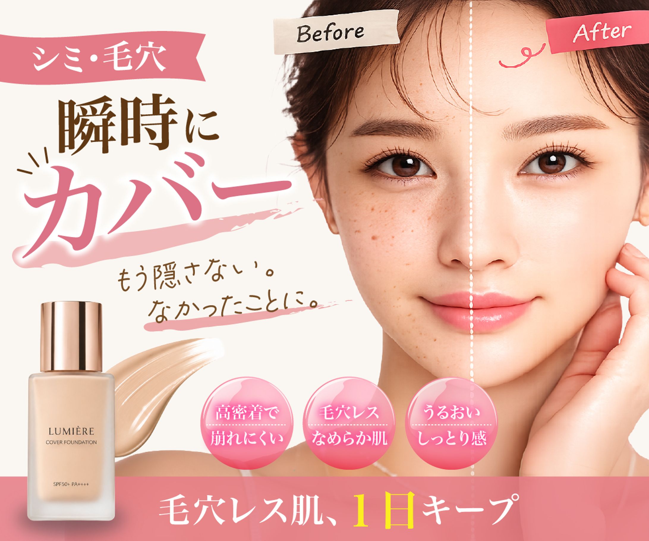 “シミ・毛穴を瞬時にカバー”を訴求したファンデーションバナーデザイン-1