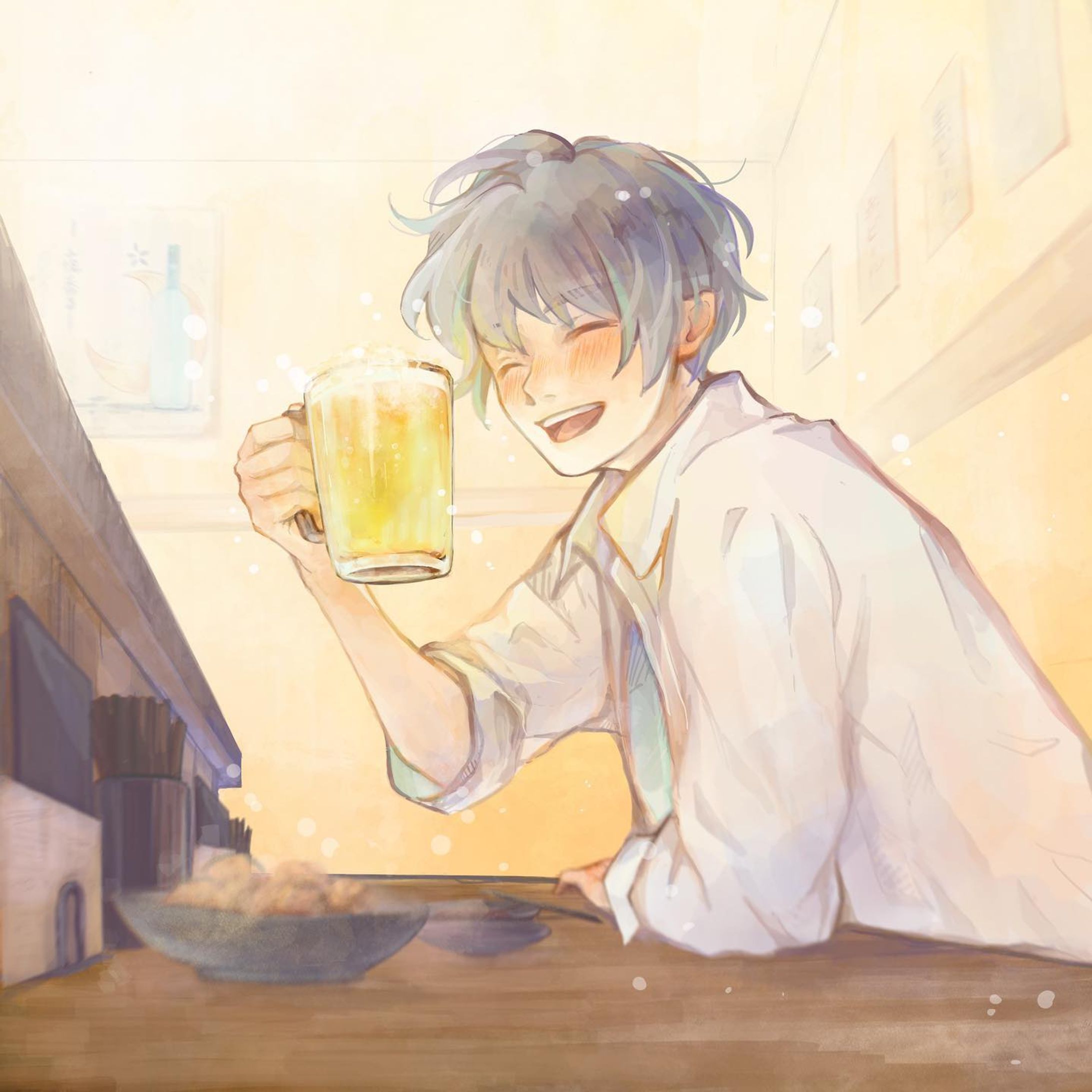 .
 
 
頑張った週末に、乾杯を...・*

 
 
 
お酒を交わしながら話を聞いてくれるキミ。
同じだけ大変な思いをしているだろうに、前向きで、穏やかな言葉が心地いい。
今夜は、上手くいくかなって緊張も、お酒と共に流し込んで、エネルギーチャージ。

いつも、ありがとう。
　
　
　
　
　

#illustration #illustgram #イラスト #illust #絵 #デジタルアート #art #その瞬間に物語を  #創作 #オリジナルイラスト  #淡い色合いが好き　#光 #期待 #笑顔 #優しい　#ホッとする瞬間　#今この瞬間　#お酒 #ビール #居酒屋 #週末 #エネルギーチャージ #話そう 
#Procreate #boy-1