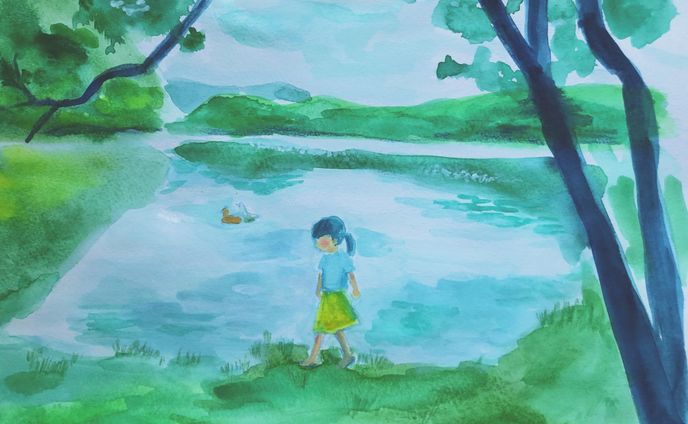 いつもの森　アヒルの夫婦を眺めて