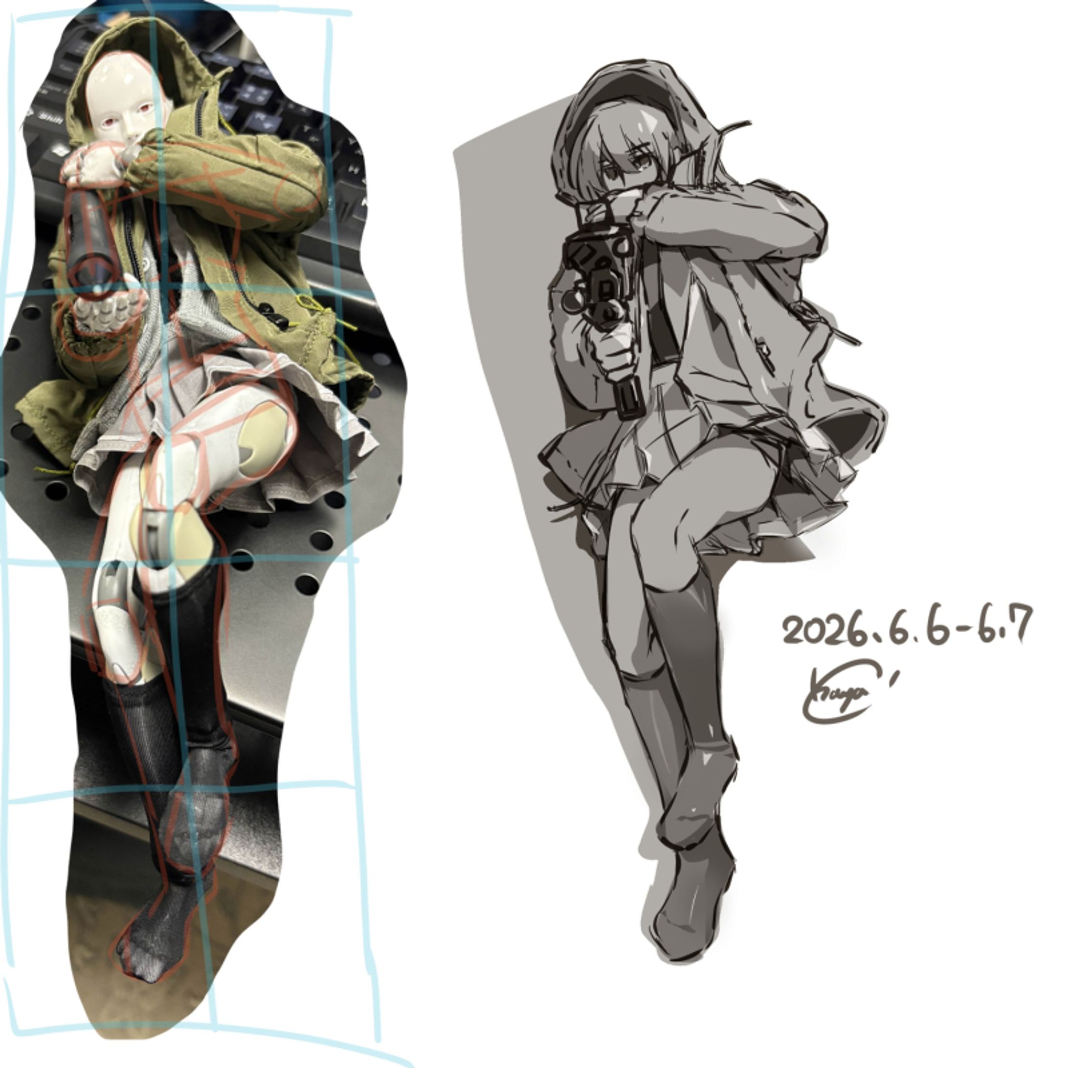 フィギュアで模写。ポーズと服と立体の練習-1