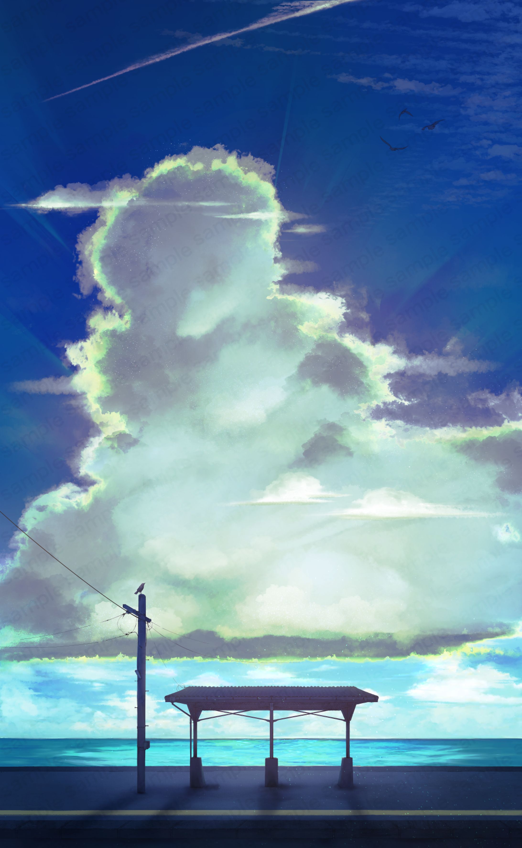 背景イラスト：無人駅と空-1