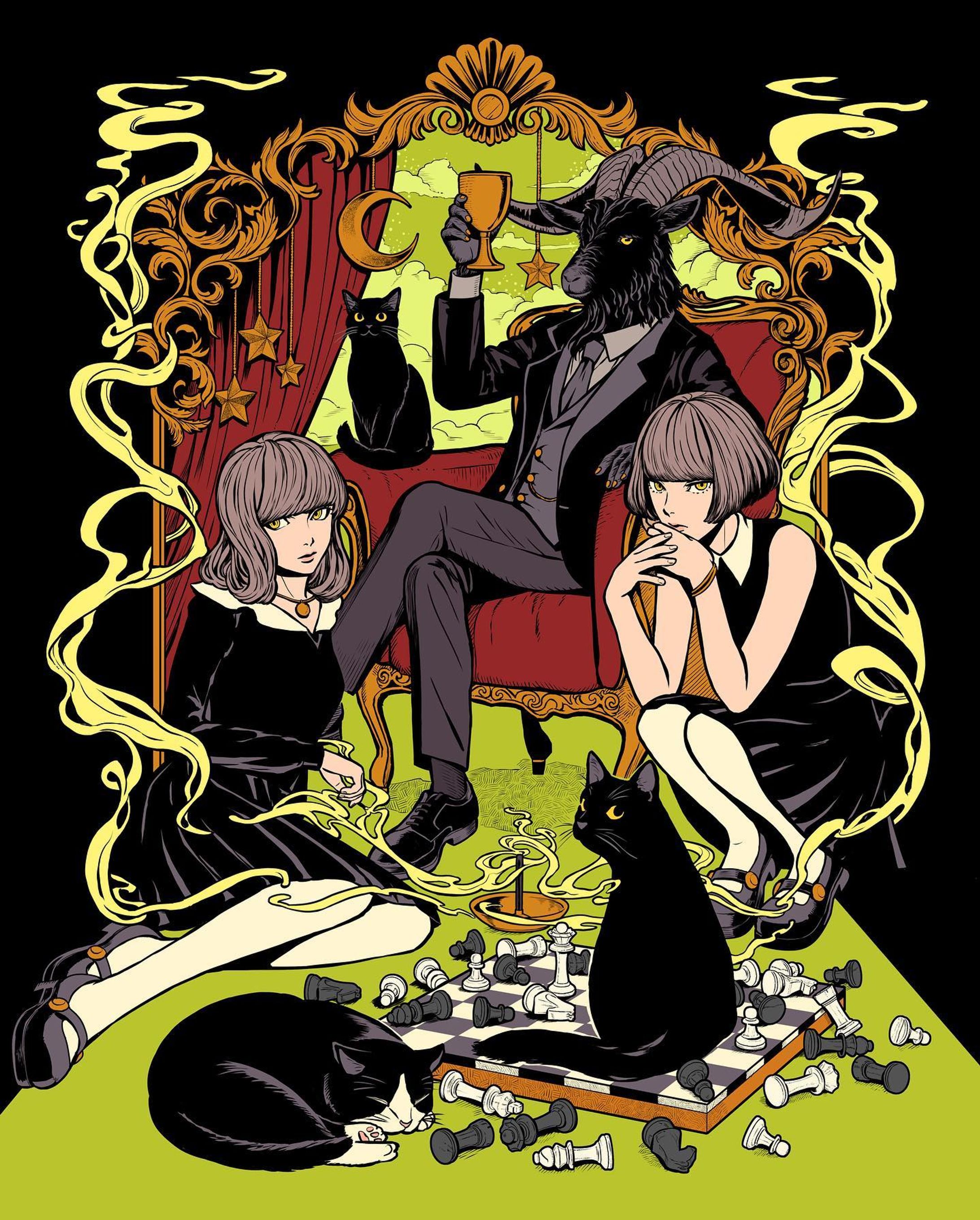 “The Clan of Darkness”
.
the Goat man and his cats and little witches of his neighbors.
.

although recently I was working on other art. I'll draw something of Ghost next. already there’re a lot of photos on the web, and of course I’m so excited! I wish I could go to the concert, but for now I try to think that I have time for drawing instead of traveling! I’m gonna draw during wait for the moment I can get to see them again!!
.
#originalcharacter #illustration #myart #cat-1