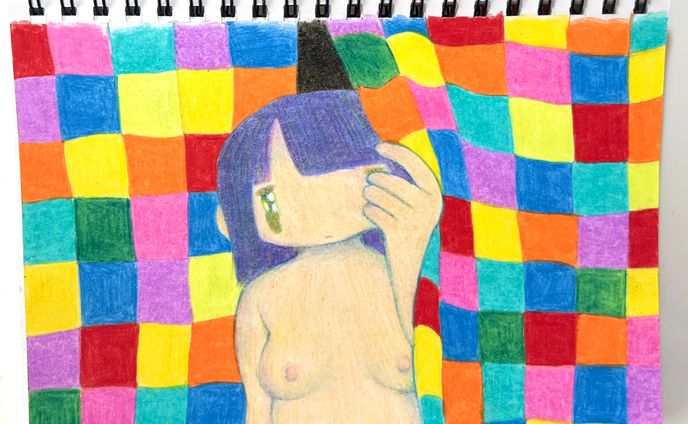 アクリル絵の具、色鉛筆
