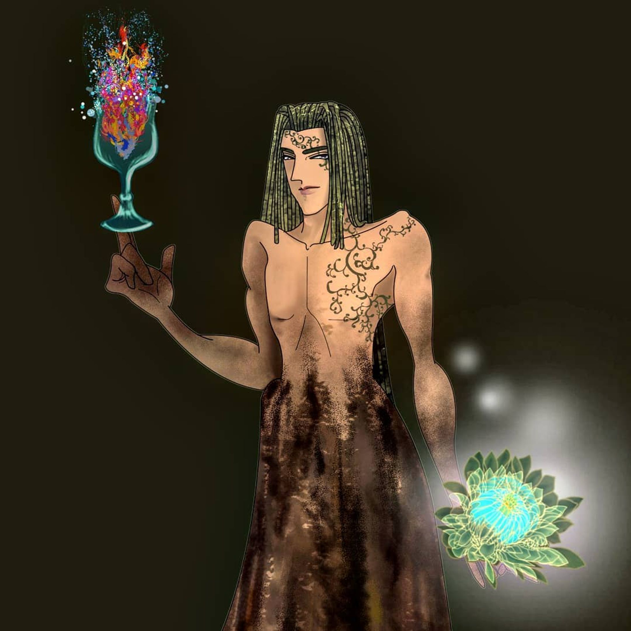 #バースセイバー リリース記念！イラストコンテスト | VSの部隊長名の芳門 諭（かもん さと）垢にて応募しました！

植物界の代表セイバー。
地より吸い上げた水を操りゴブレットと成し、苦手な炎も小さければ自由に扱えるようです。

花の粉で、痺れさせるも良し、蝕むも良し。
花の香りで、惑わせるも良し、眠らせるも良し、癒すも良し。
若竹の如きドレッドヘアや、蔦の如き刺青や、ガジュマルの如き脚を、触手とするも良し。

T-/M+ぽいけれど、
実はT+/M-の完全人工のドロイドという設定も面白そうです。

良しなに良しなにお引き回し頂ければ幸甚です。
 #pixiv #ごりごりごりっと芯減らし訓練 #originalcharacter　#ARTISULd16pro #clipstudiopaintpro #一次創作 
#amateurillustration #digitalillustration-1