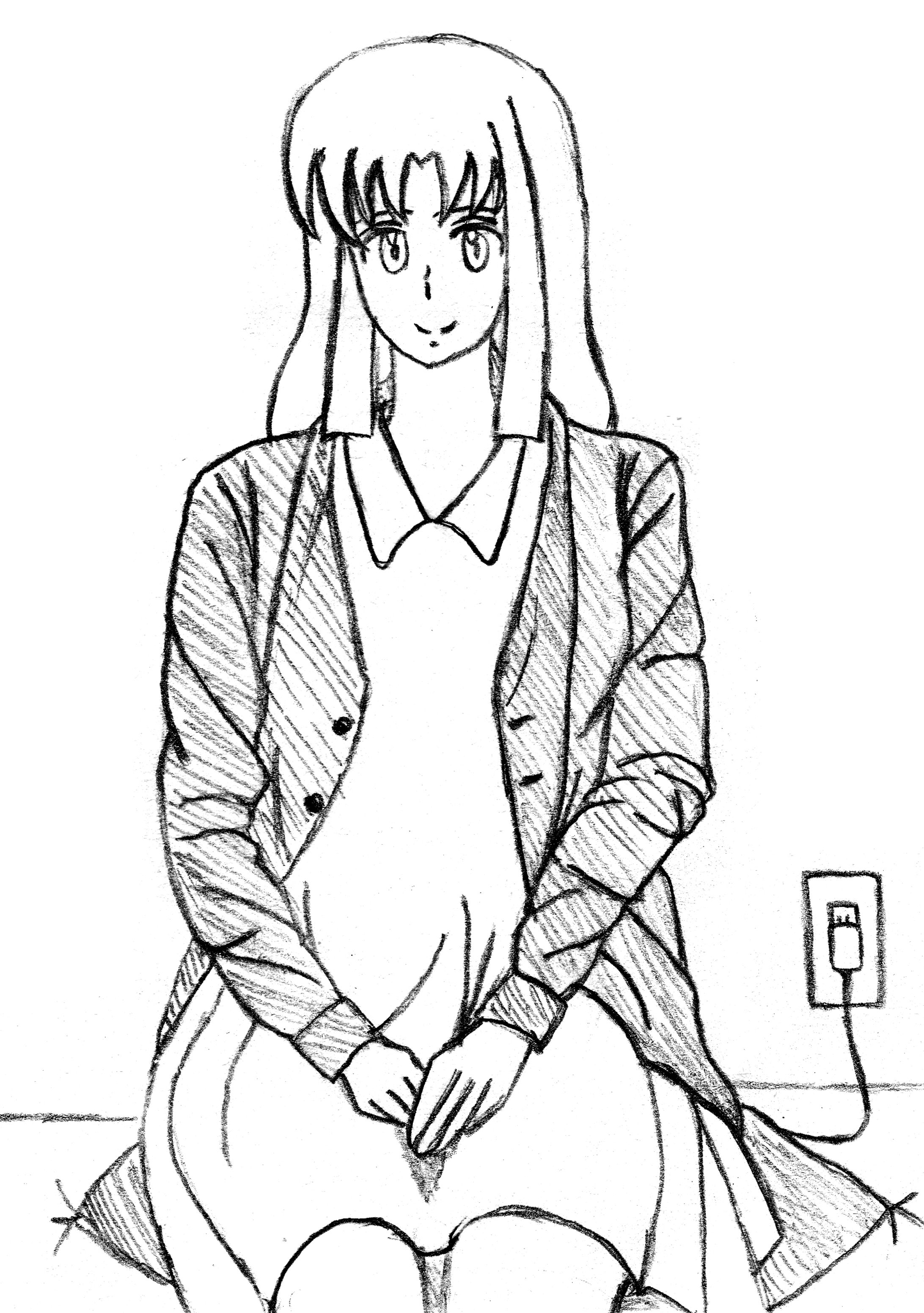 (Pencil drawing) An android lady at charging-1