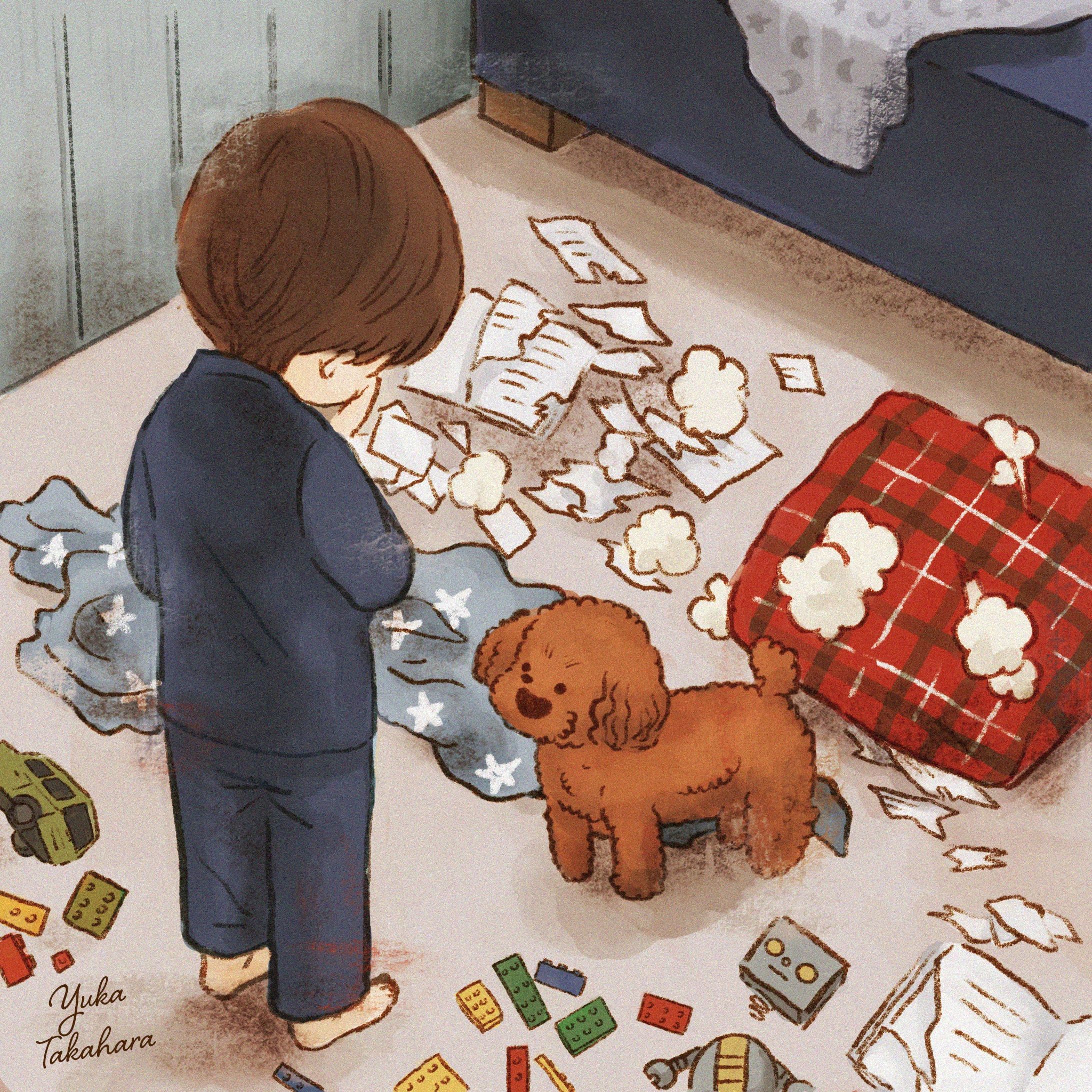 “My toys and books were torn apart by my lovely dog, but it’s okay. It’s not a problem because I love him!”

僕のおもちゃや本はボロボロに引き裂かれてました。
でも大丈夫です、だって僕はこの子が大好きだからね！

✂＿＿＿＿＿＿＿＿＿＿＿＿＿＿＿＿＿＿＿＿＿＿＿＿＿
イラストオーダー受け付け中です。
ご依頼はメールもしくはホームページよりお気軽にお問い合わせください😊

 #挿絵　 #海外絵本 #artwork #絵本の世界 #絵本イラスト #ほんわかイラスト #優しいイラスト #癒されるイラスト #こどもイラスト #メルヘンイラスト #可愛いイラスト #子供向けイラスト #犬のイラスト #動物イラスト-1