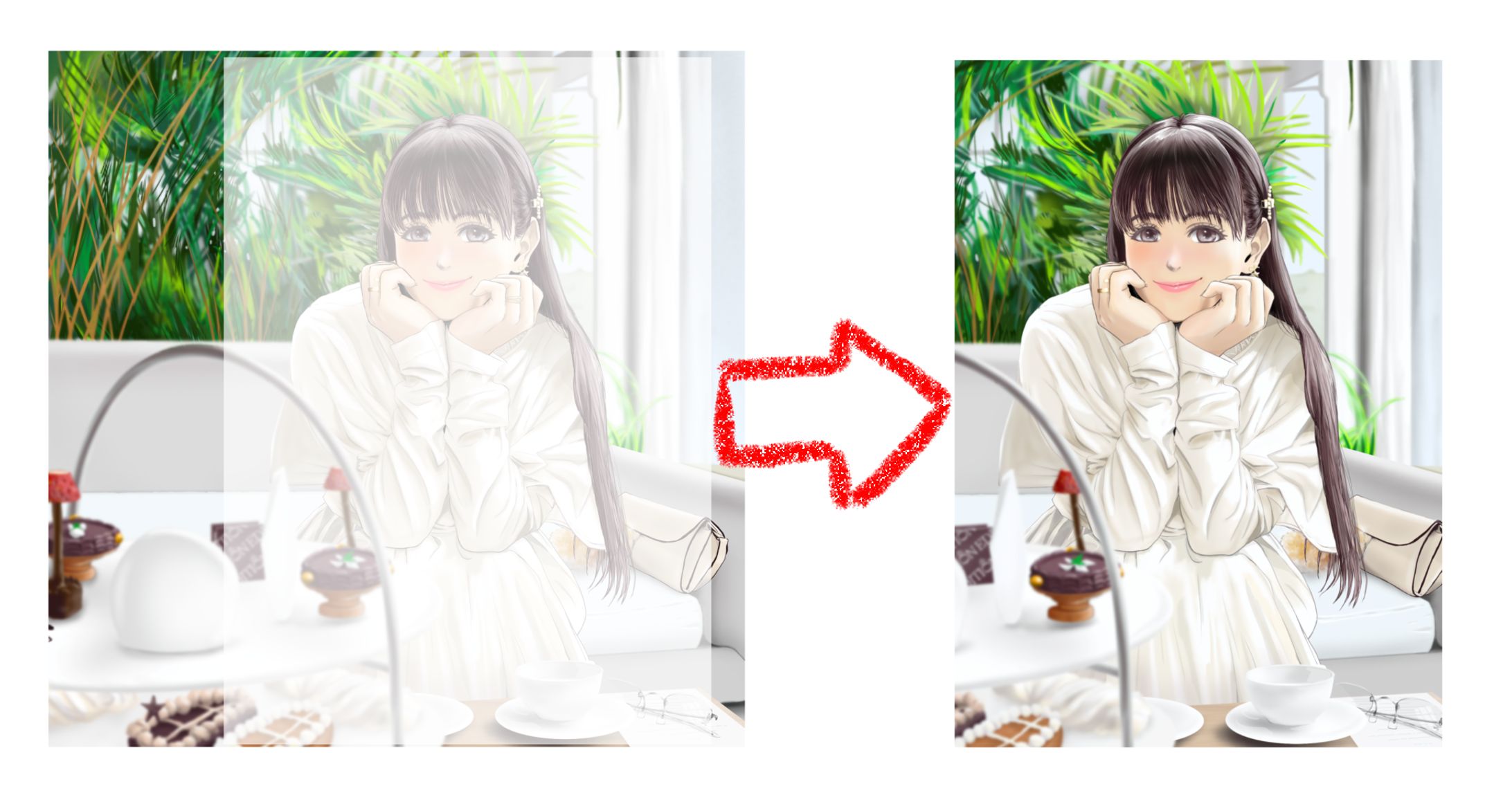 文庫本サイズのアスペクト比にトリミングする際は、主人公(女の子)を主軸にしつつタイトルと著者そして帯が被さるスペースを考慮しながら行いました。一生懸命描きあげたお茶菓子とティーカップ、眼鏡も活かしたかったのでこの様にトリミングしてます。 文庫本サイズのアスペクト比にトリミングする際は、主人公(女の子)を主軸にしつつタイトルと著者そして帯が被さるスペースを考慮しながら行いました。一生懸命描きあげたお茶菓子とティーカップ、眼鏡も活かしたかったのでこの様にトリミングしてます。