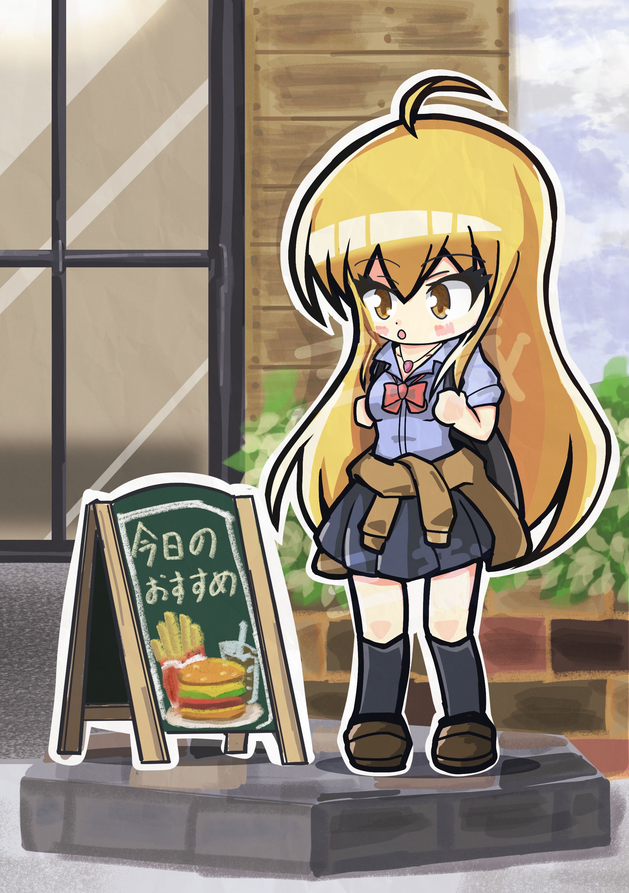 カフェの前を通りがかった女の子のイラスト-1