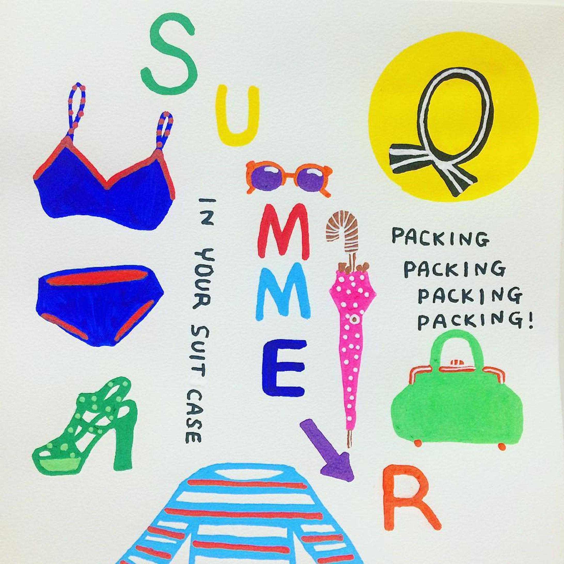 #summer #swimsuit #suitcase #packing #travel #heels #border #cutandsew #bag #illustration #umbrella #hat #夏 #イラスト #水着 #バッグ #スーツケース #旅行 #アート #麦わら帽子 #ボーダー #海 #ファッション-1