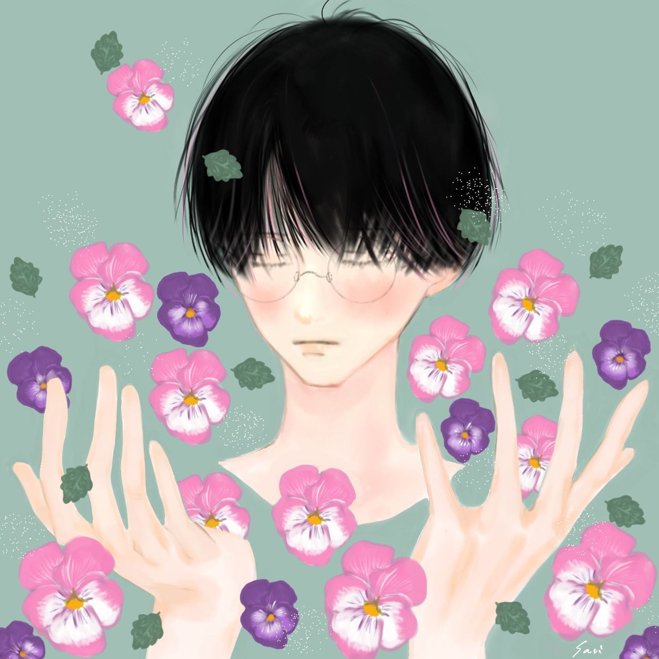 僕を想って

花と男子3作目は
『ビオラ』

花を描くと気分も上がりました𓈒◌
黒髪眼鏡男子も好きです。
好きを描いてる時って楽しい…。

沢山の中から見つけて下さり
有難うございます.•♬

#花言葉　　私を想って
#ビオライラスト 
#花が好きな人 
#春が来たね 
#春のイラスト 
#illustration 
#創作イラスト
#眼鏡男子イラスト 
#黒髪男子 
#男の子イラスト 
#創作男子 
#男子イラスト 
#照れ顔男子 
#レトロな色合い 
#創作男子イラスト 
#男性イラスト 
#男の子を描くのが好き 
#絵描きさんと繋がりたい 
#イラスト好きな人と繋がりたい 
#イラスト
#漫画好きな人と繋がりたい 
#軽美術部 
#軽美術部のみんなでフォローし合おう 

#anipiccom 
#anipraillustration 
#creatorsfile 

@keivi.jp
@creatorsfile 
#potofu-1