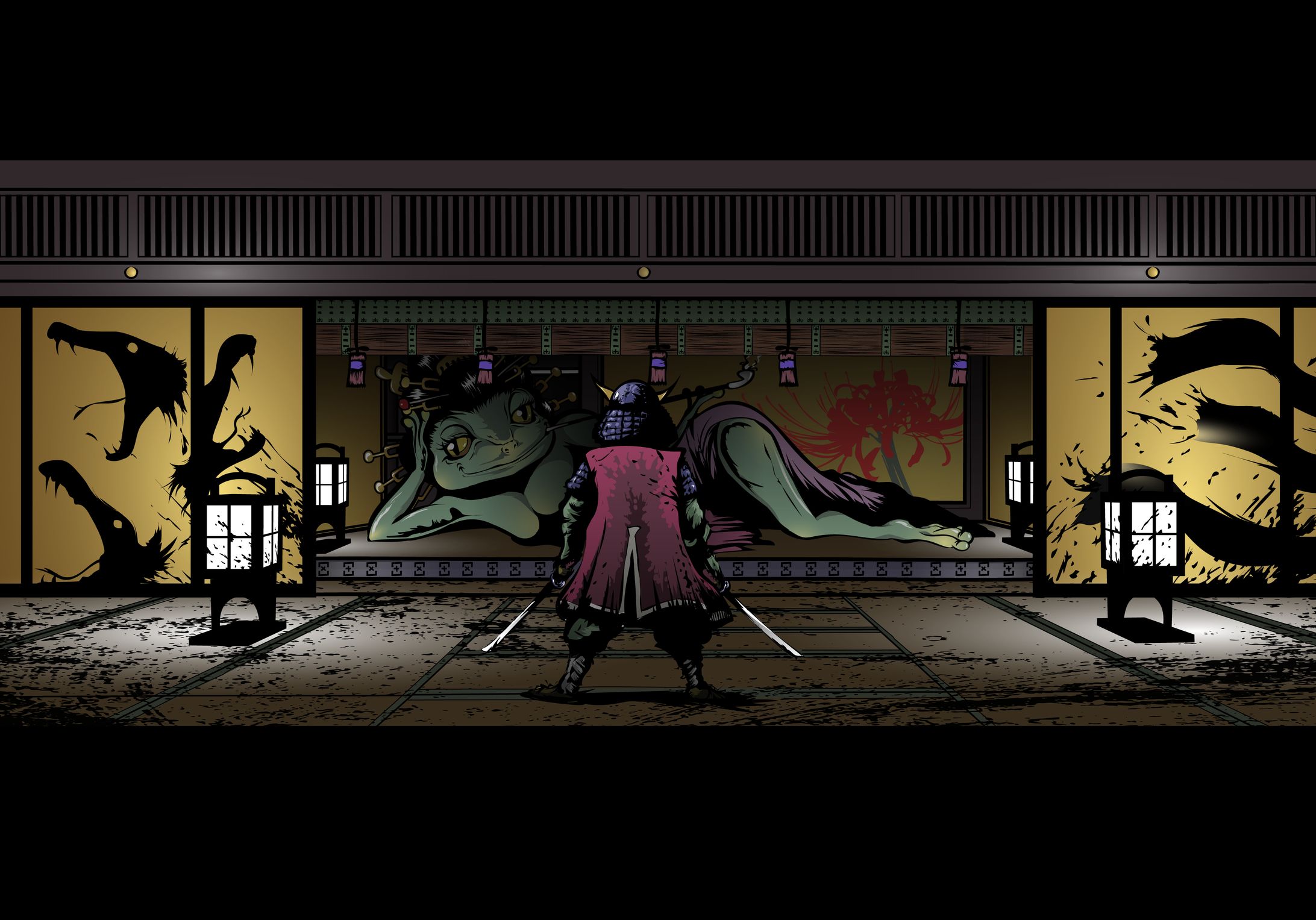 屏風の墨絵蛇を退治して蛙姫を助ける侍-1