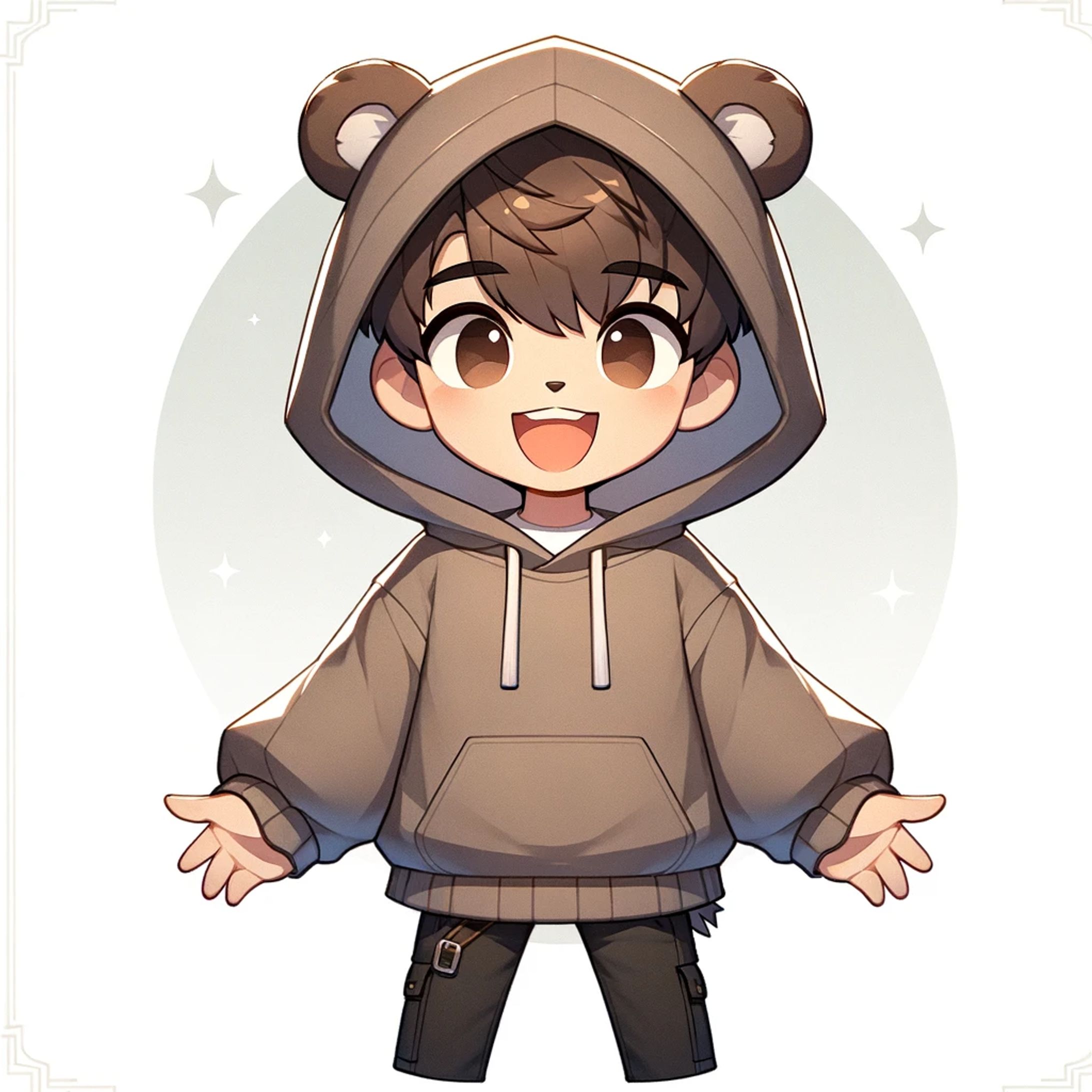 DALL·E 2023 10 27 22.08.56   Visual depiction of a spirited male character in animated form. He wears a hood accentuated with bear ears and carries an unmistakable cheerful expres-1
