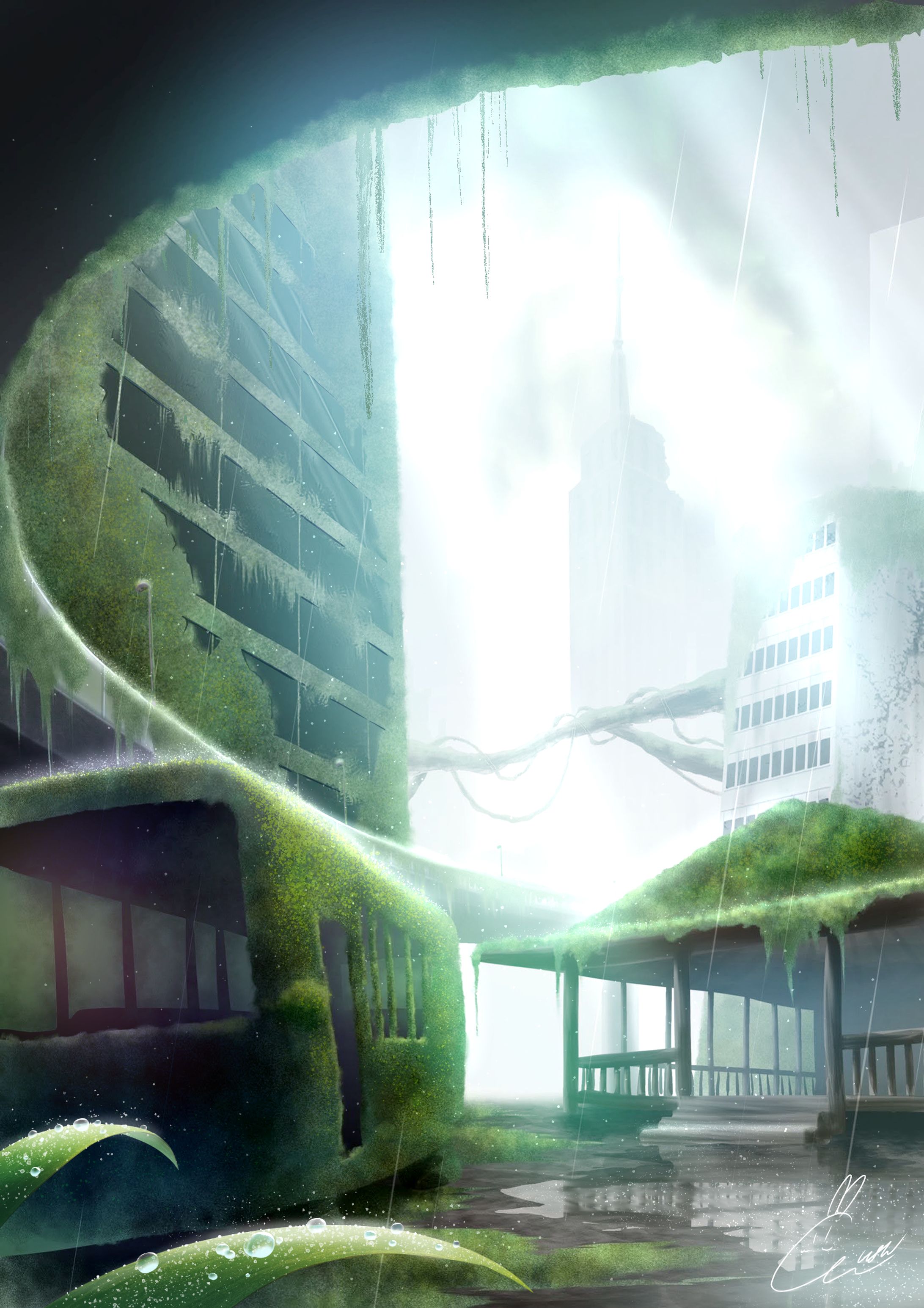 風景イラスト 緑の住む街-1