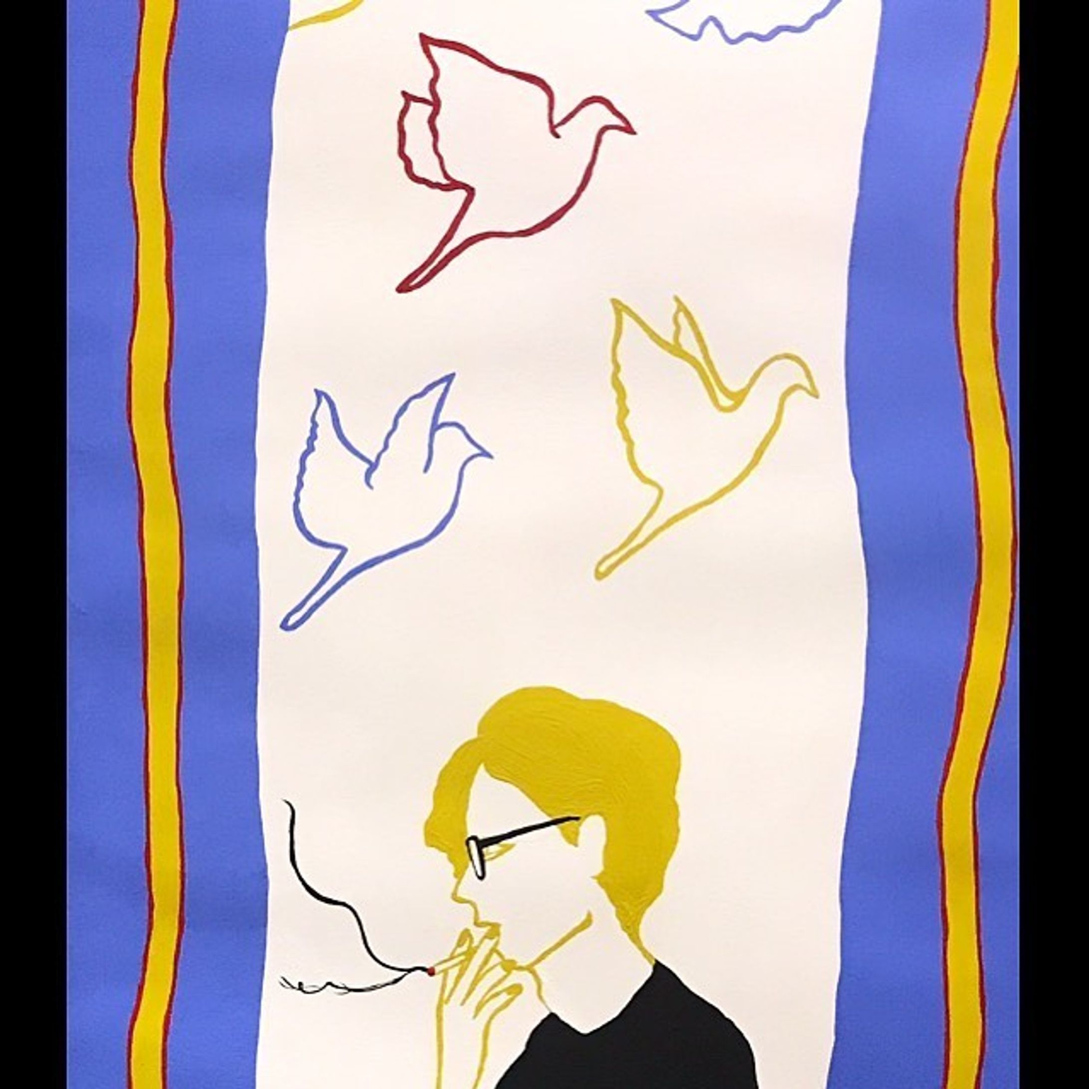 ー
個展で眼鏡男子に
「俺モデル？」って言われた作品。
「ばれましたあ？♡」
って答えてましたが、ごめんなさい。
ティモシー・シャラメです。

#illustrationdrawing #birdsflying #designart #worksonpaper #cigarettes #glassesfashion #movieillustration #fashionmagazines #mensfashions #timotheechalamet #olivergoldsmith #moscot #眼鏡男子 #鳥 #煙草 #メンズファッション #黒t #休息 #暮らしの記録 #雑誌 #喫茶店巡り #ティモシーシャラメ #イラストレーター #ファッションイラスト #アートのある暮らし-1