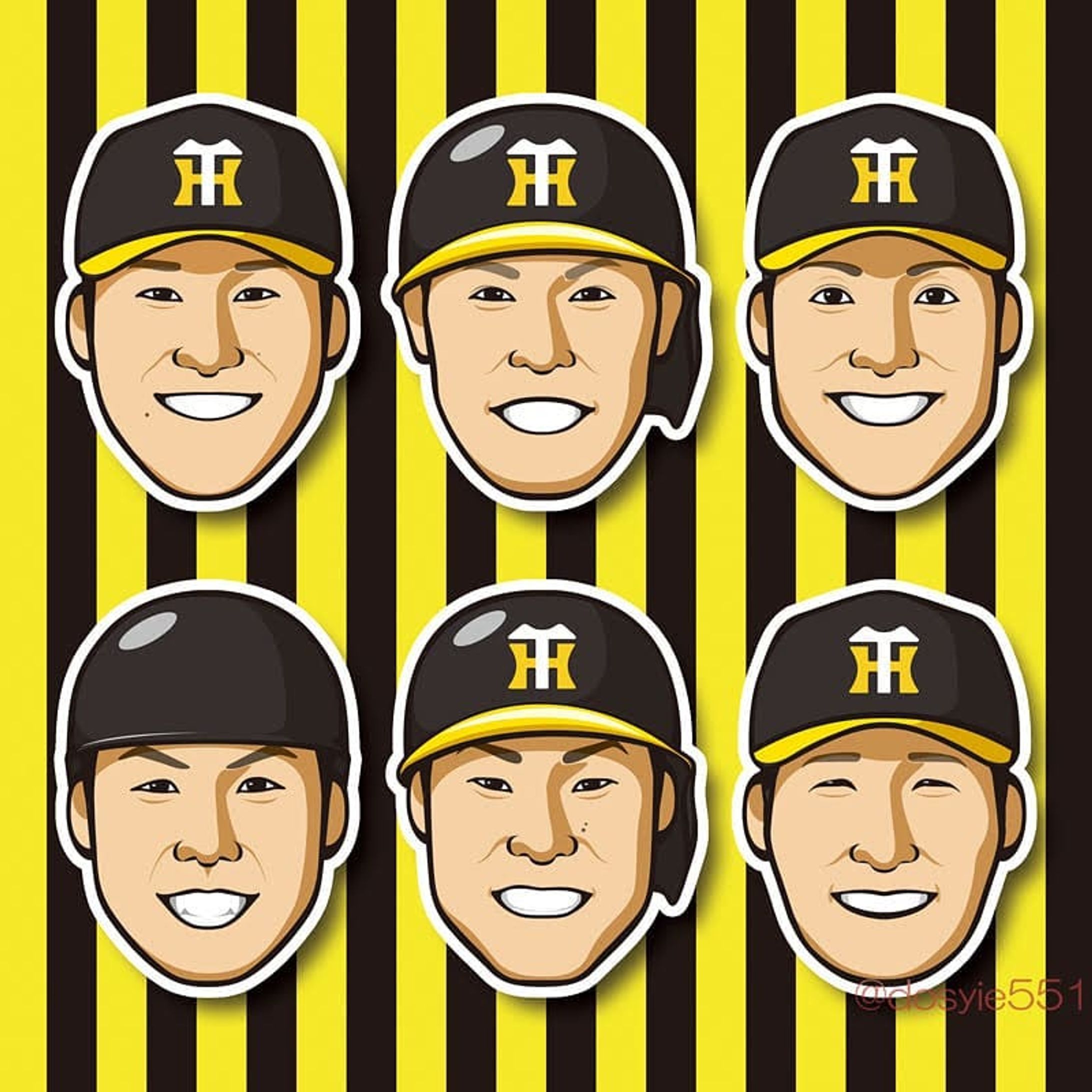 少し前になりますが、阪神タイガース 華の91年組Tシャツの
#原口文仁 選手
#岩貞祐太 選手
#秋山拓巳 選手
#梅野隆太郎 選手
#陽川尚将 選手
#岩崎優 選手
の似顔絵を描かせていただきました。
皆さんそれぞれ個性溢れる素敵な選手達ですね！
参考に写真や動画を見ながら描いているうちにファンになってしまいました😁
選手の皆さんの活躍と、原口選手の一日も早い実戦復帰をお祈りしています。
.
.
※イラストの利用・転載等は禁止させていただいています。
#阪神タイガース #阪神 #タイガース #hanshin #tigers #プロ野球 #野球 #baseball #華の91年組 
#イラスト #illustration #絵 #お絵描き #picture #似顔絵 #portrait #デザイン #design #アート #art-1