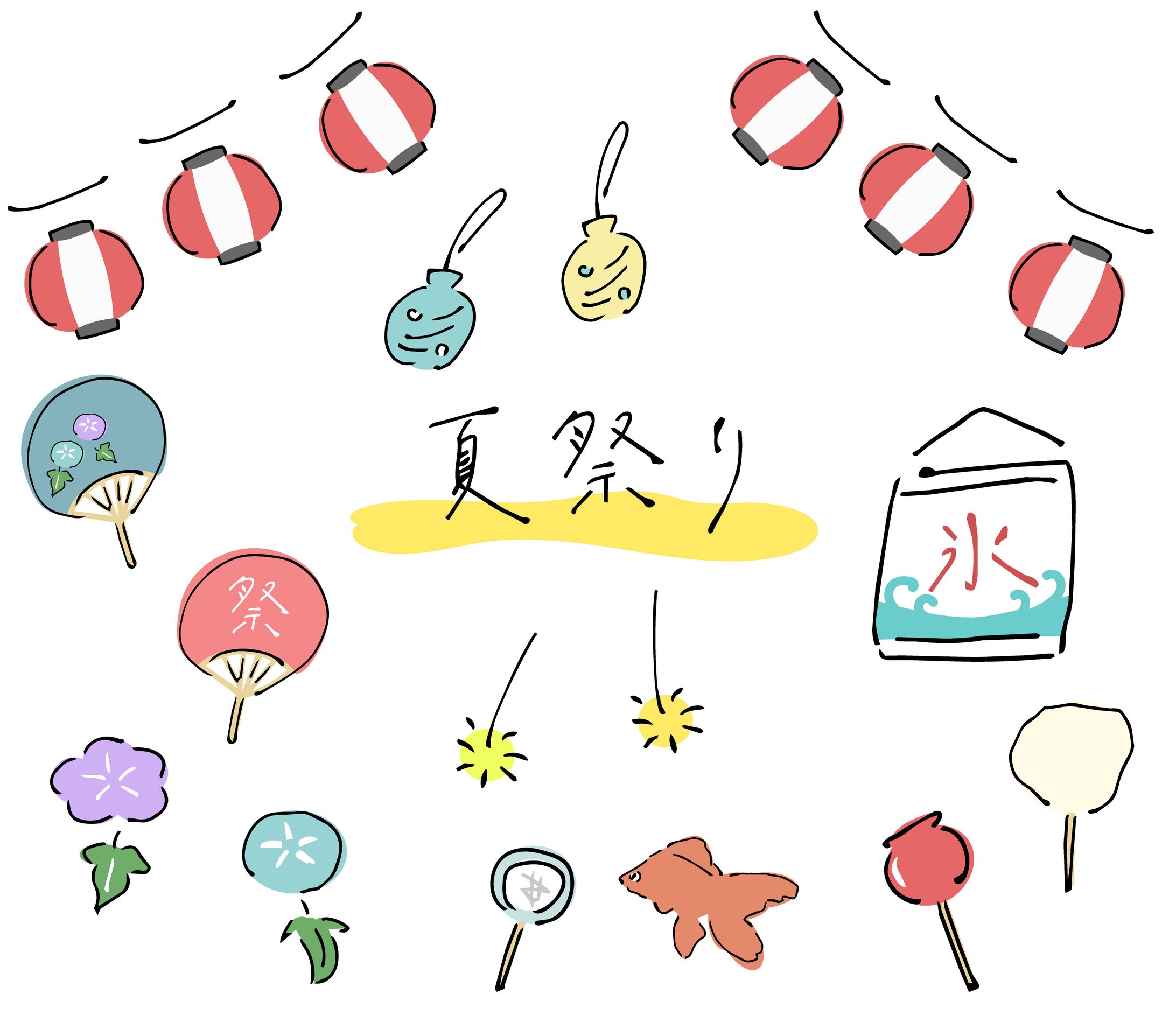 ゆる手描きの夏祭りのイラストセット-1