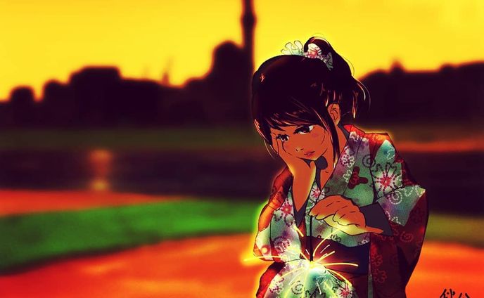 #漫研版夜のお絵描き60分一本勝負 #夏 #イラスト #イラスト好きな人と繋がりたい #絵描きさんと繋がりたい #絵描きさんと友達になりたい #絵描き #ゆかた女子 #浴衣 #浴衣女子 #花火 #夕方 #artwork #fireworks #illustration #yukata