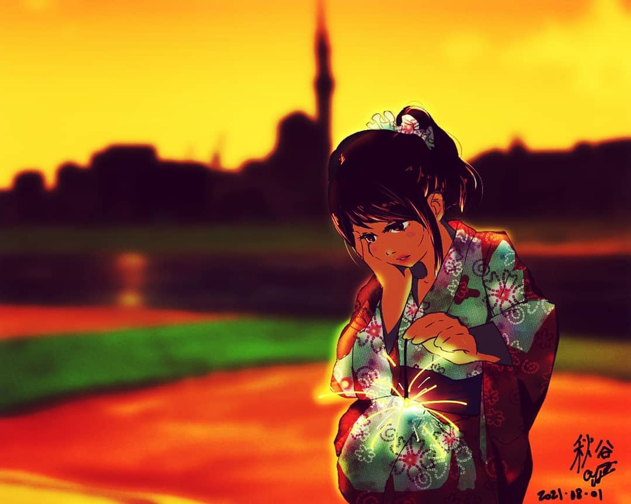 #漫研版夜のお絵描き60分一本勝負 #夏 #イラスト #イラスト好きな人と繋がりたい #絵描きさんと繋がりたい #絵描きさんと友達になりたい #絵描き #ゆかた女子 #浴衣 #浴衣女子 #花火 #夕方 #artwork #fireworks #illustration #yukata-1