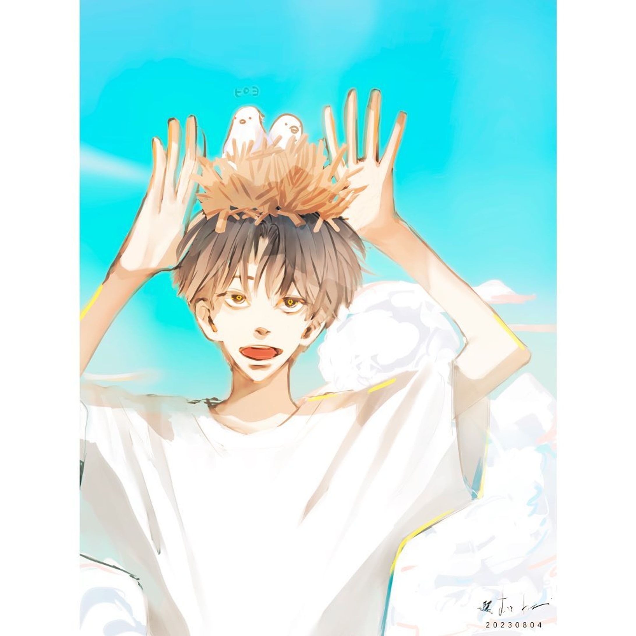 ピヨッ🐤
、
。
もう暑いしか出てこないですね。
熱中症に気をつけて過ごしましょう。

#イラスト #オリジナルイラスト #漫画絵 #夏 #小鳥 #暑い #青空 #表情 #笑顔 #アート #デジタルイラスト #男子 
#illustration #digitalart #digitalillustration #art #originalart #originalcharacter-1