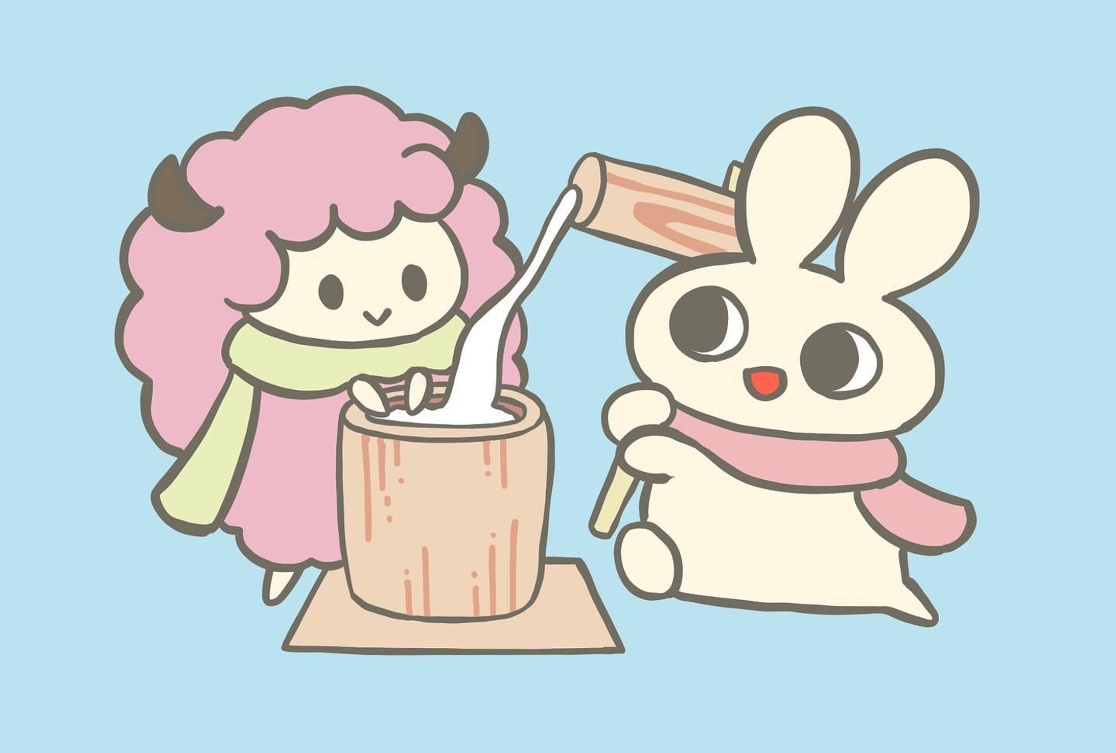 よいお年を！
#illustration #イラスト #うさぎ #ひつじ #オリジナルイラスト #餅つき-1