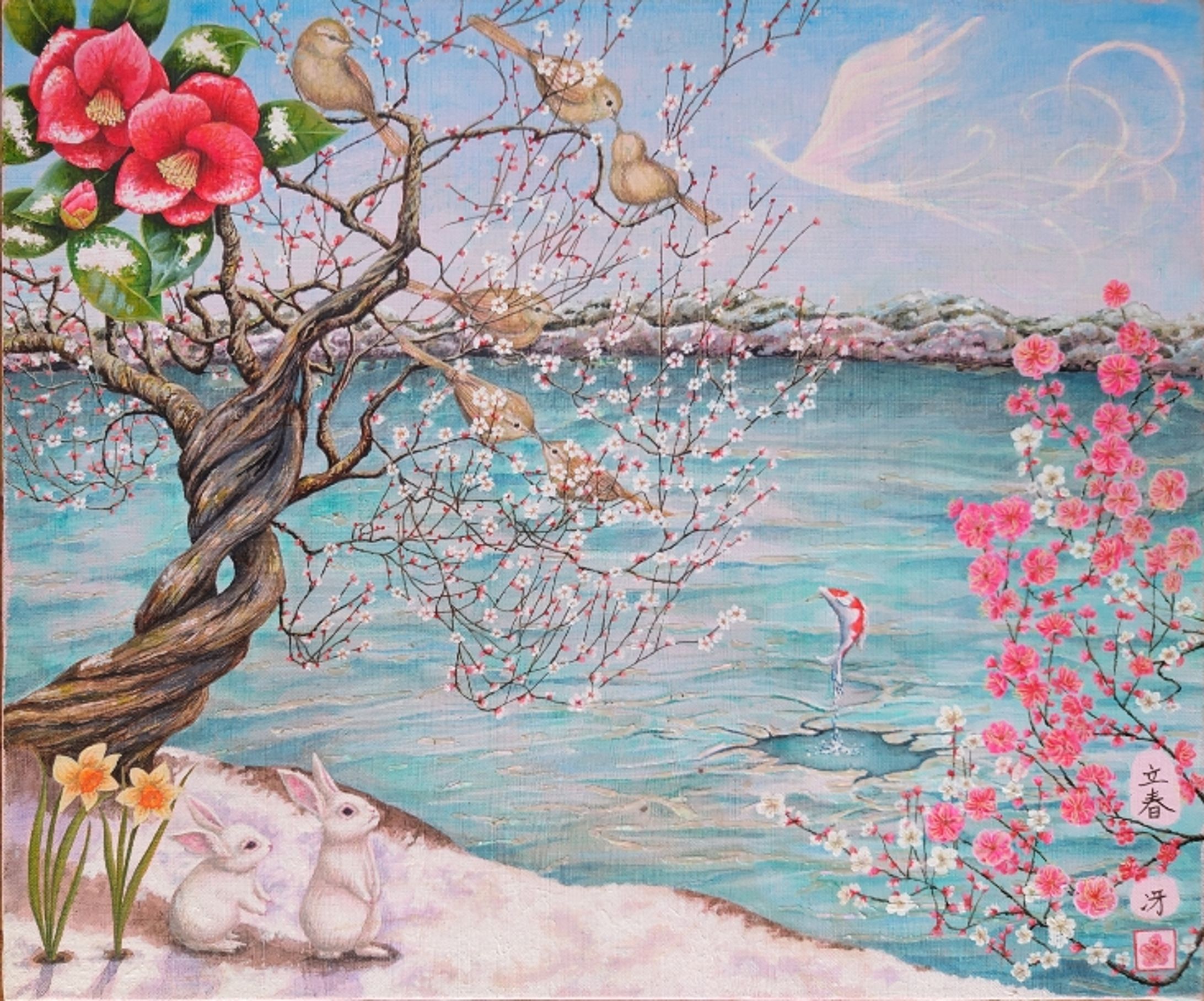 立春　足立美術館の庭園　　アクリル画（螺鈿＆水晶粉　使用）-1