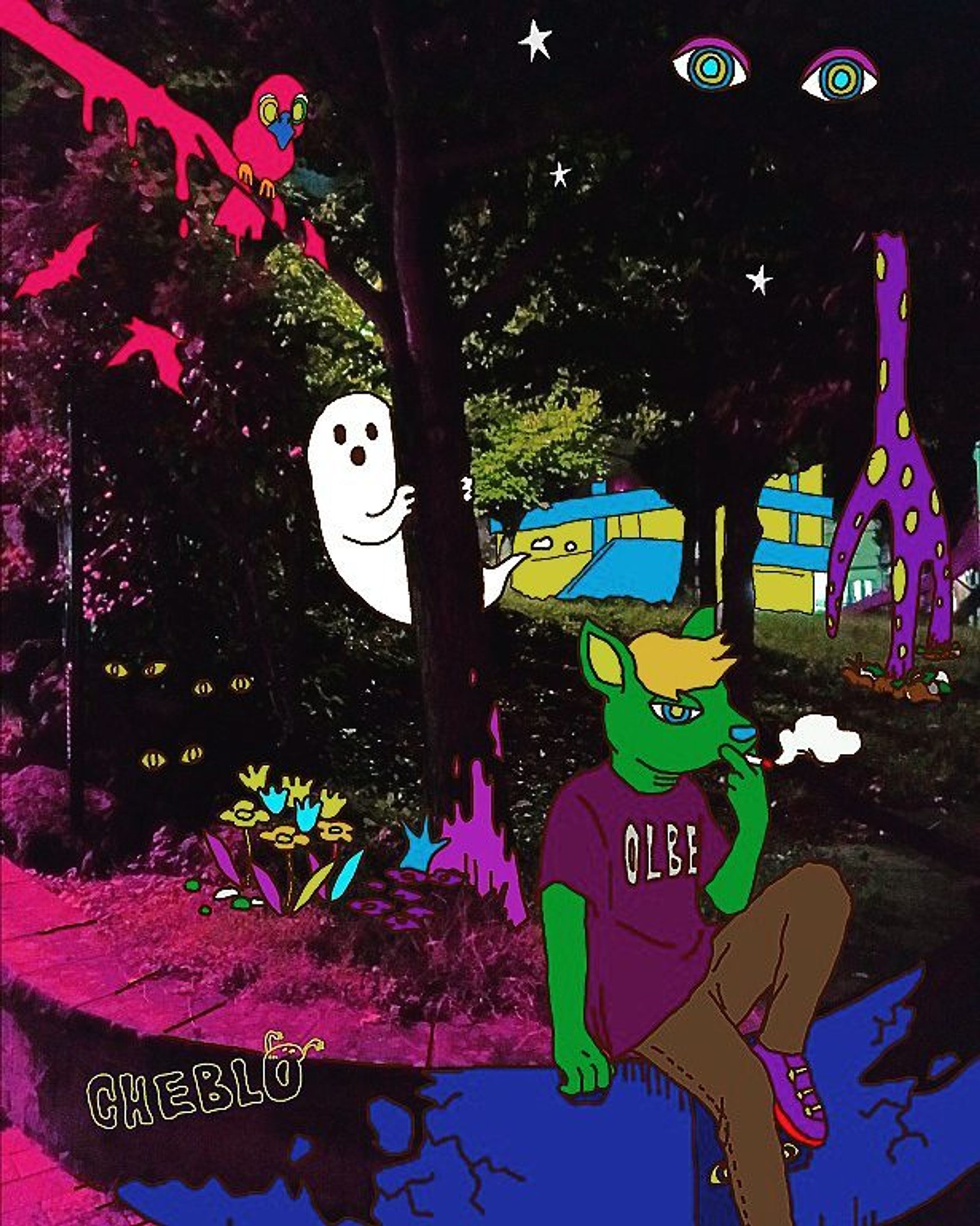 #illustrations#pictures#ghost#bird#tree#night#CHEBLO#bat#greenanimal#smoking#eye-1