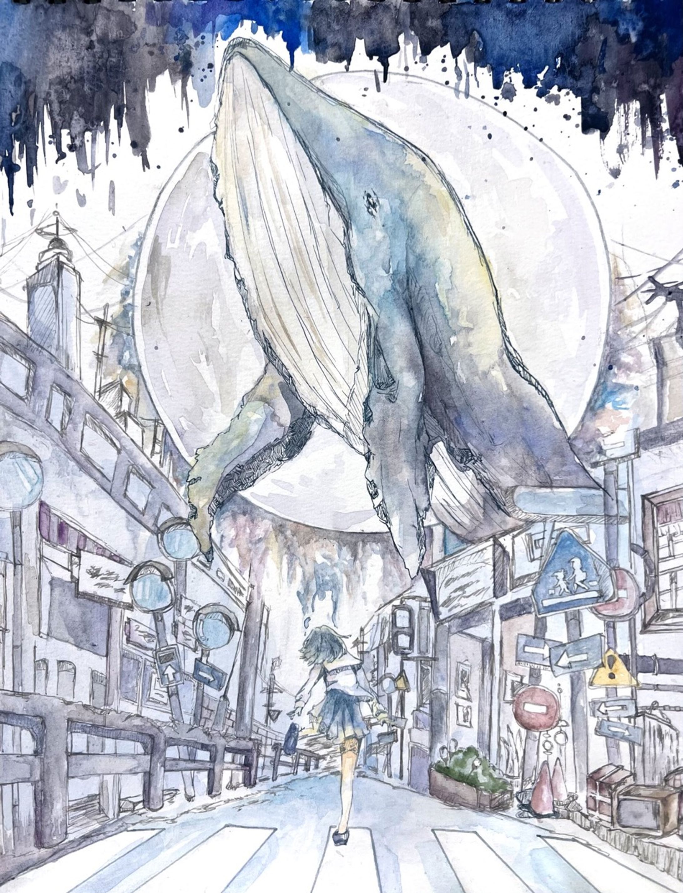 【水彩イラスト】都会鯨-1