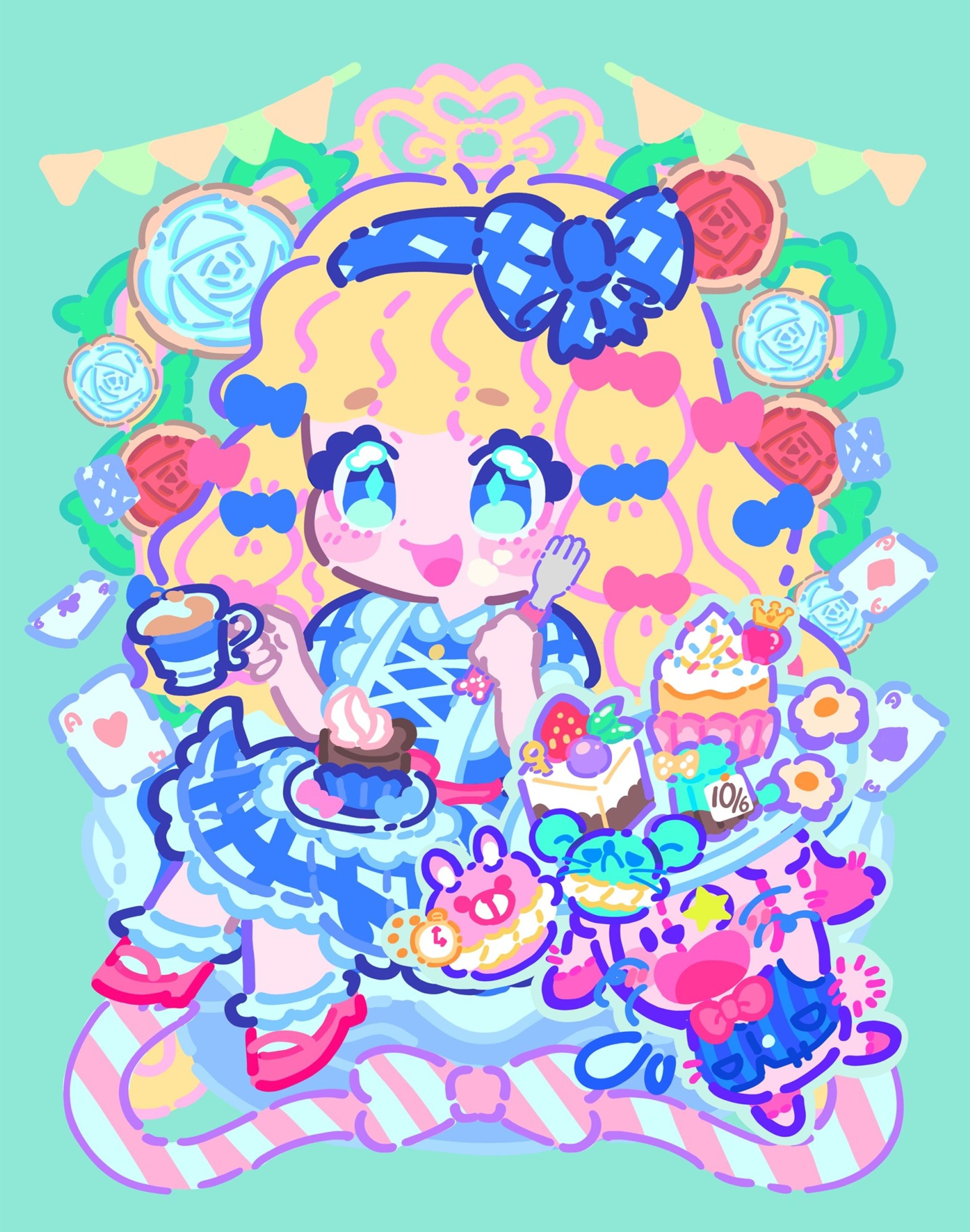 キャラクターイラスト「食いしんぼうアリスのティーパーティ🍰」-1