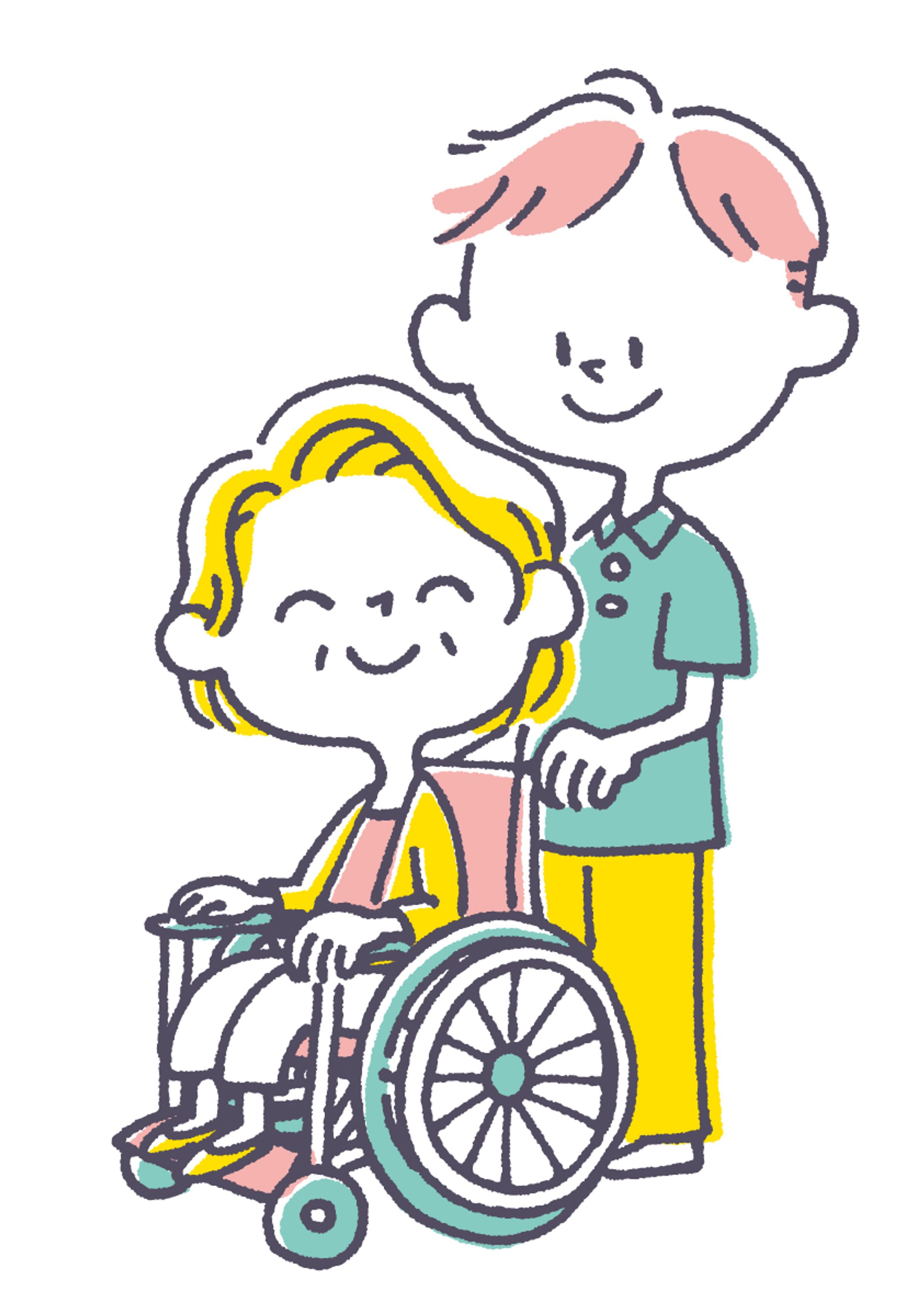 車いすの高齢者を介助する人のイラスト-1