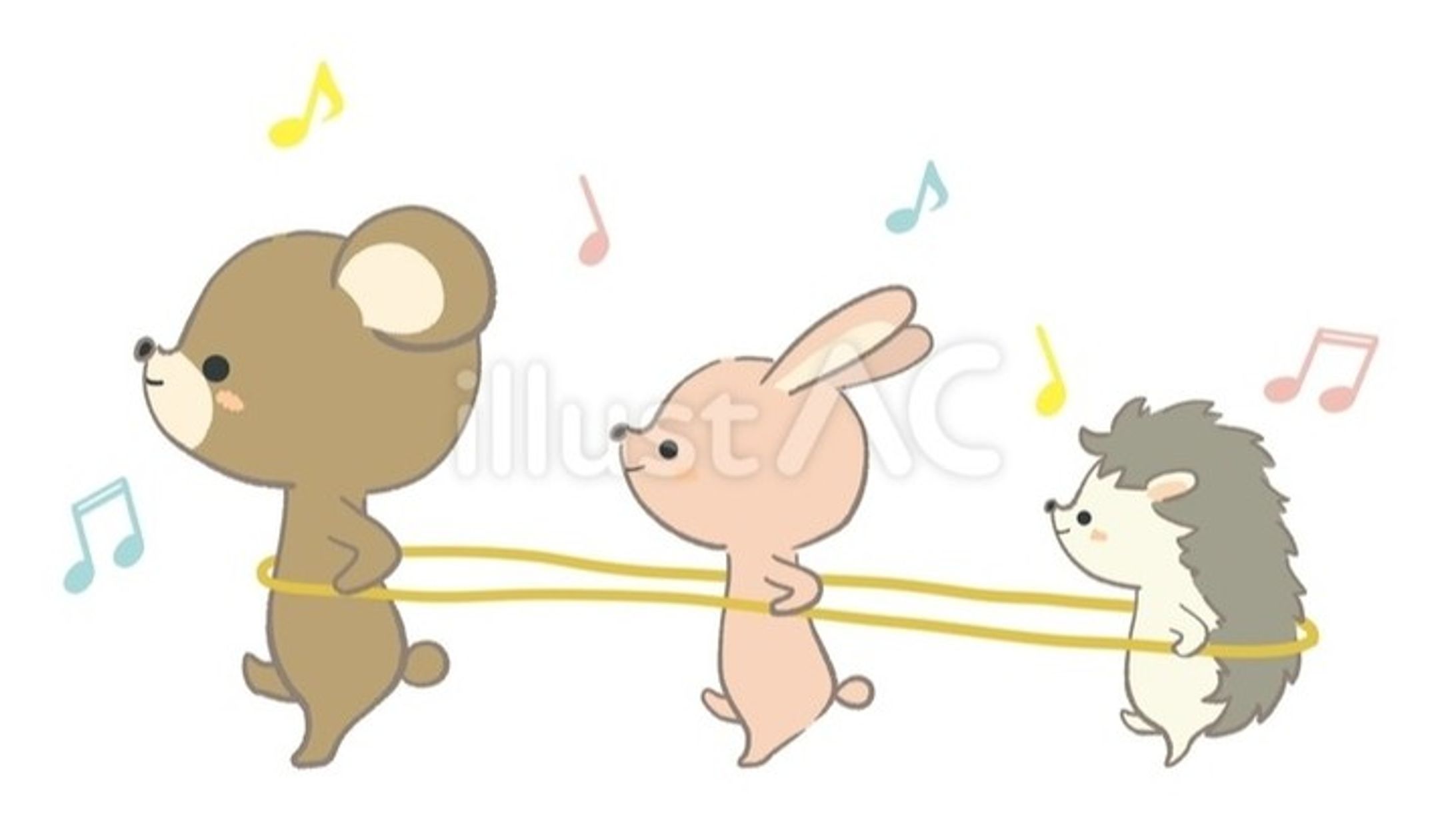 電車ごっこ。https://www.ac-illust.com/main/detail.php?id=23942432
 #動物 #クマ #ウサギ #ハリネズミ #音符 #かわいい #イラストAC-1